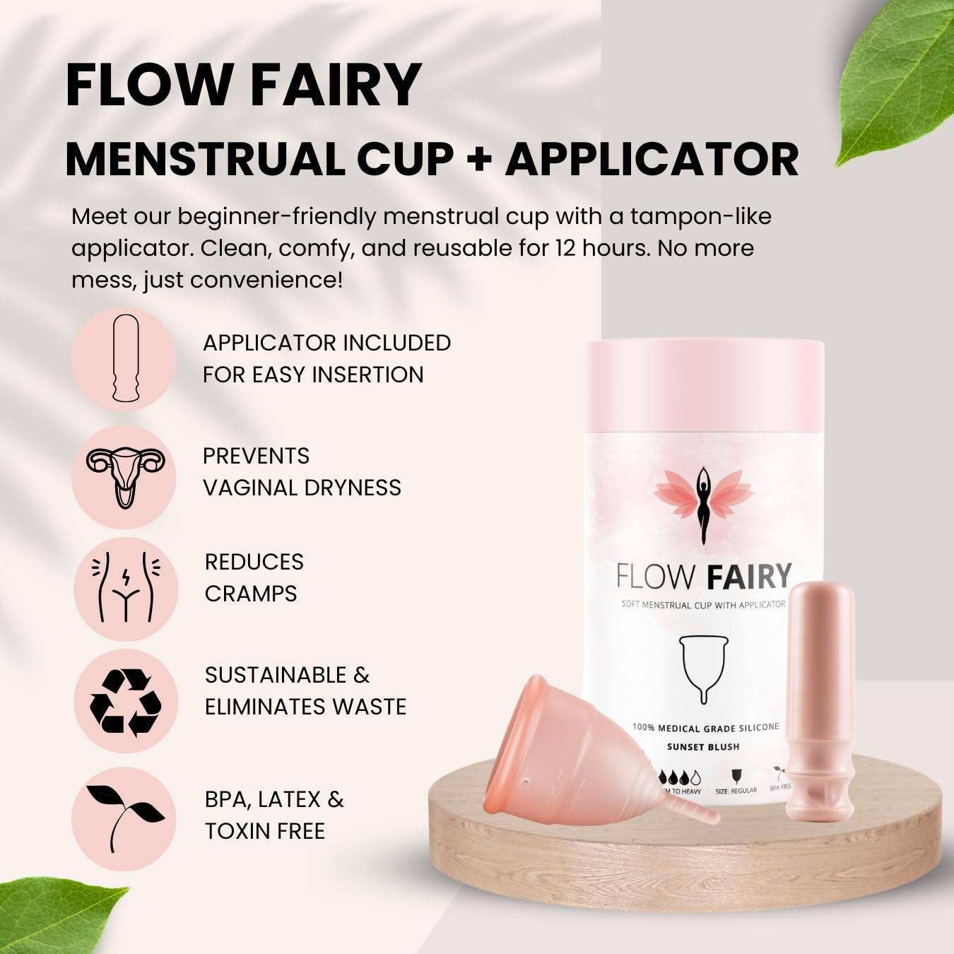 Flow Fairy Reusable Menstrual Cup with Applicator for Easy Insertion- 100% Medical Grade Silicone Period Cup Flow Fairy uk supplements