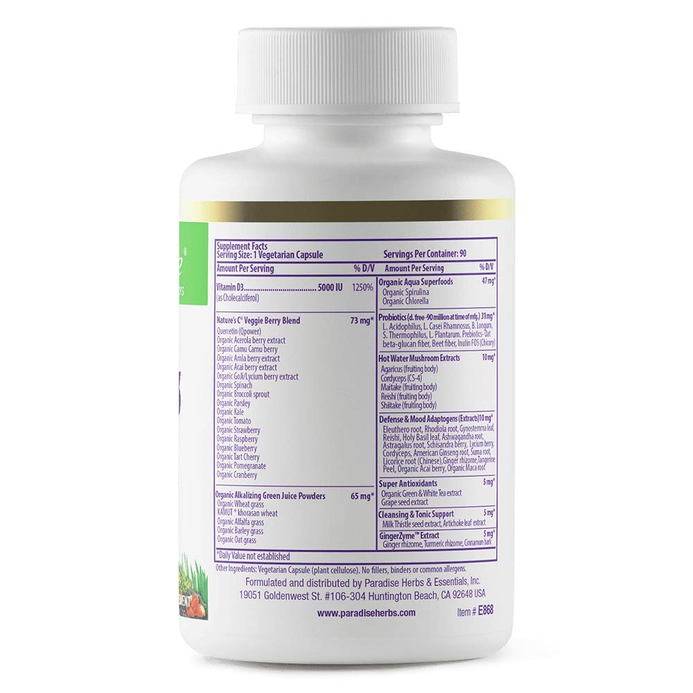Paradise Herbs Earth's Blend Vitamin D3, Superfoods Base of Probiotics and Organic Alkalizing Greens, Veggies & Berries, 90 Vegetarian Capsules Paradise Herbs uk supplements