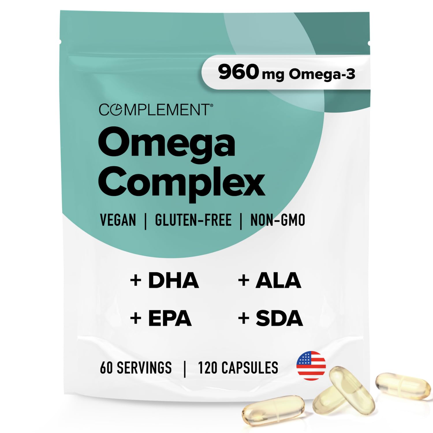 Complement Vegan Omega 3 Supplement- 960mg Omega-3 Fatty Acids, DHA, EPA, SDA, ALA Supplement - Immune Support- 60 Servings, 120 Liquid Capsules Complement uk supplements