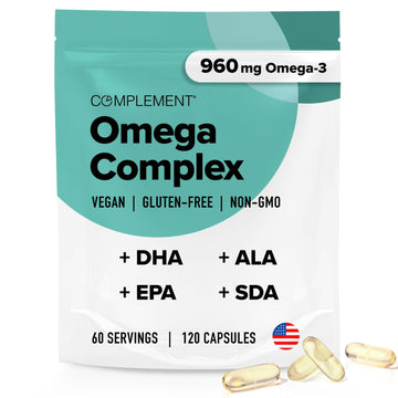 Complement Vegan Omega 3 Supplement- 960mg Omega-3 Fatty Acids, DHA, EPA, SDA, ALA Supplement - Immune Support- 60 Servings, 120 Liquid Capsules Complement uk supplements