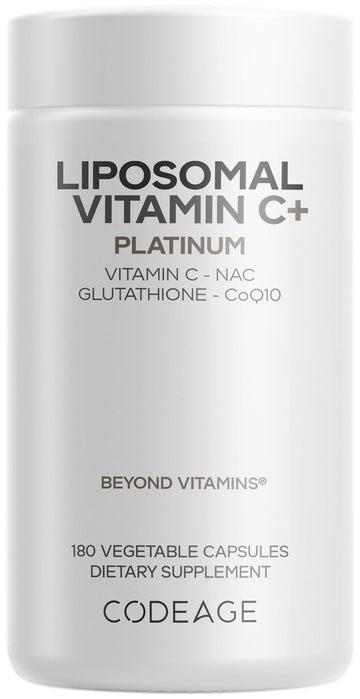 Codeage Liposomal Vitamin C+ Platinum - 1000 Mg Vitamin C Vitamins, Glutathione, NAC (N Acetyl Cysteine), Resveratrol, CoQ10, Rutin, Elderberry, Quercetin, Rosehip, Citrus Bioflavonoids - 180 Capsules Codeage uk supplements