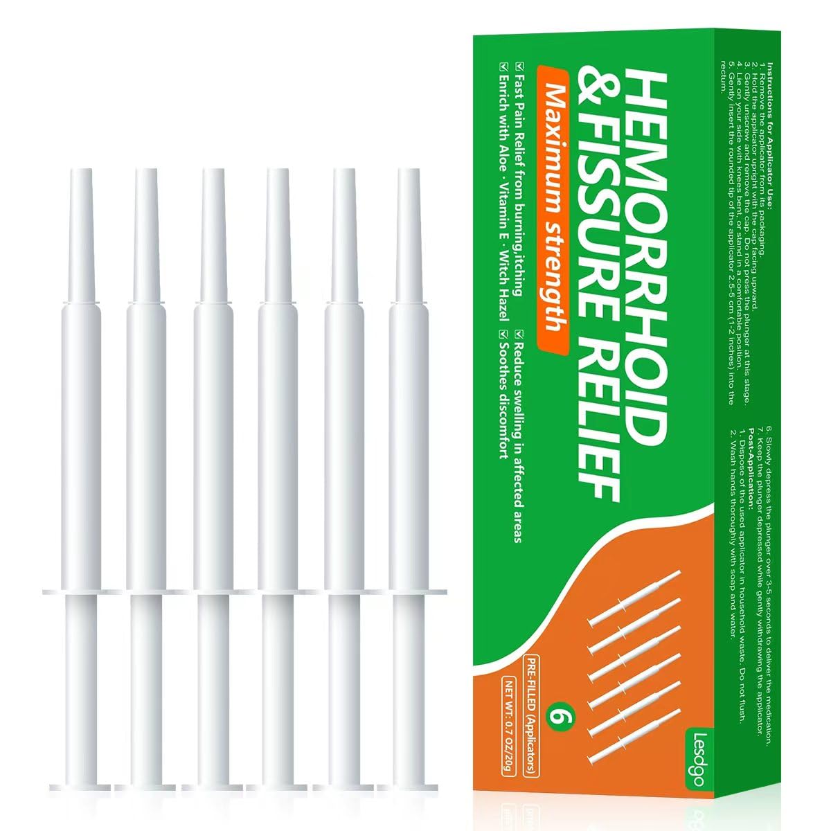 Lesdgo Hemorrhoidal Ointment(6 Pre-Filled),Hemorrhoid and Fissure Cream Witch Hazel Maximum Strength Pain Relief,for Itching and Swelling Lesdgo uk supplements