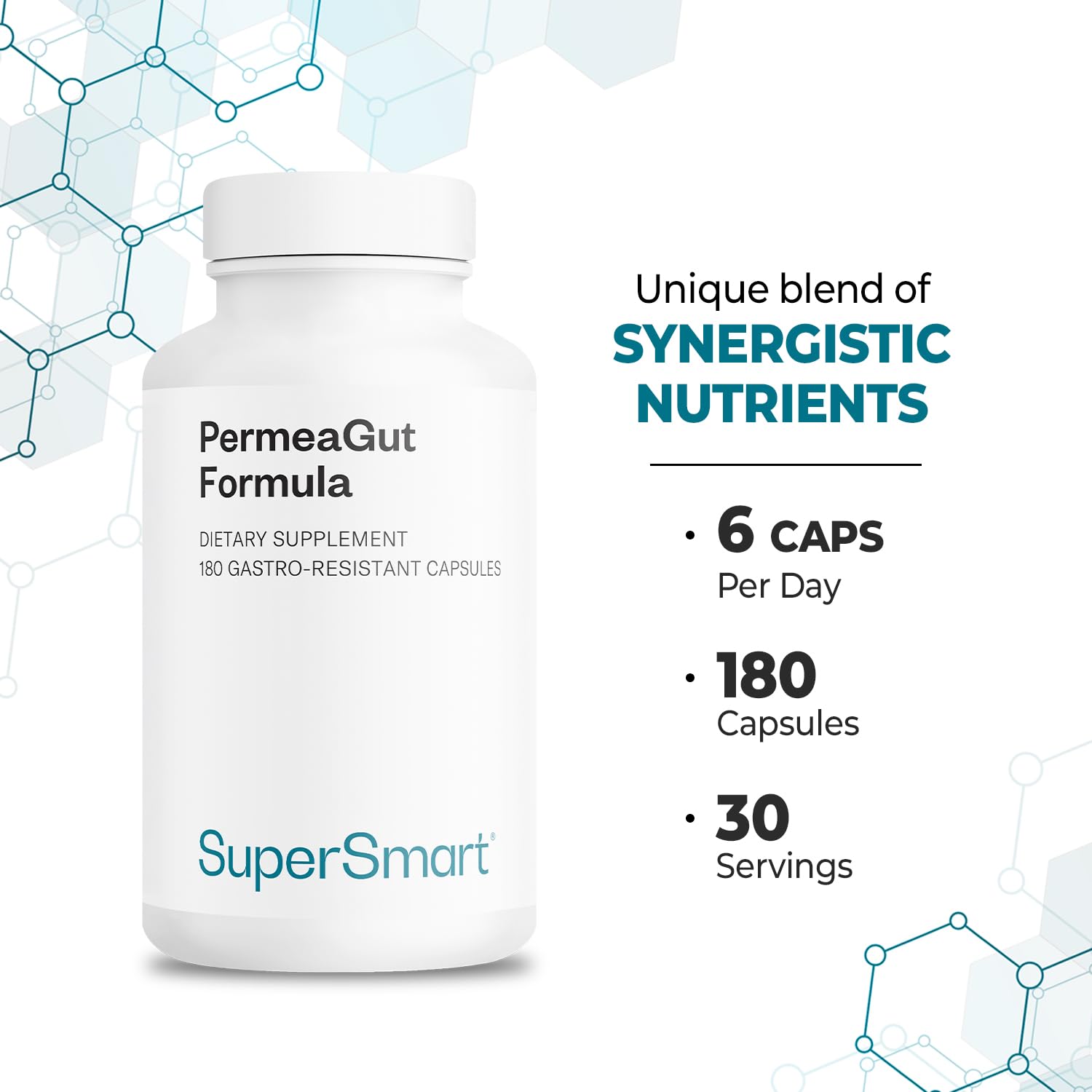 Supersmart PermeaGut Formula (High Potency) - with L-Glutamine, ButiShield Calcium Butyrate, Zinc-L-Carnosine - Gut Barrier Support | Vegan & Gluten Free - 180 Gastro-Resistant Capsules Supersmart uk supplements