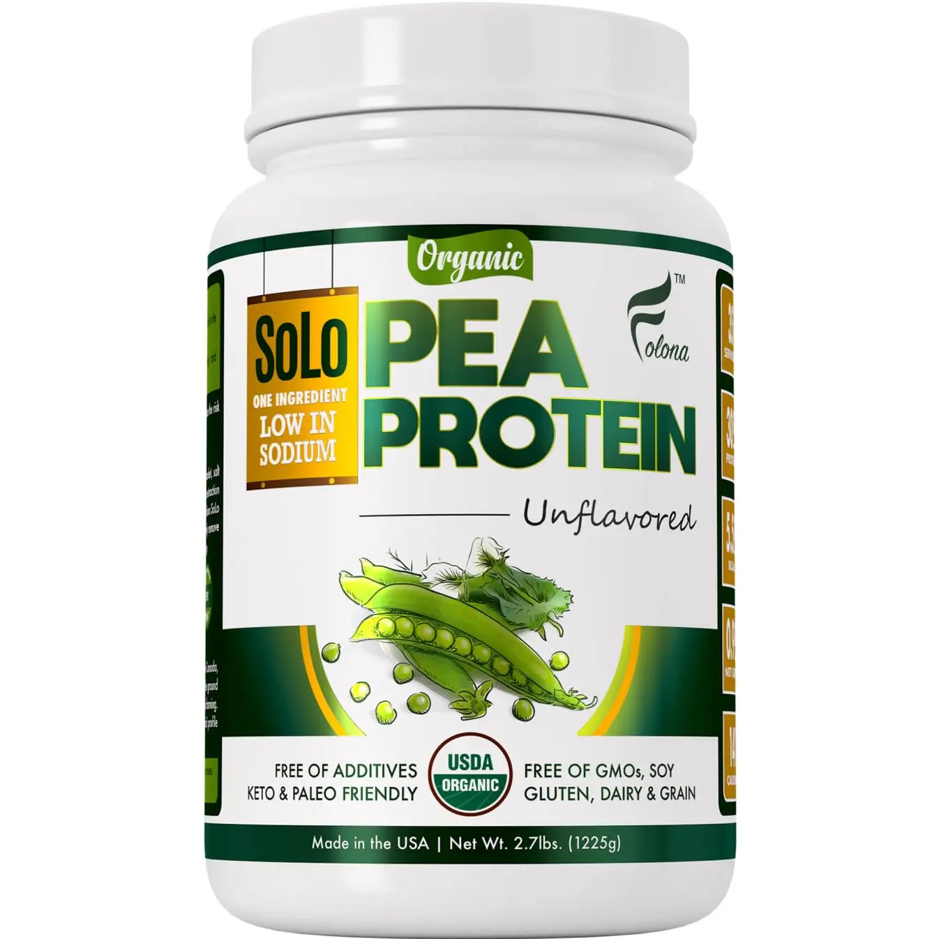 SOLO Organic Pea Protein Isolate, Low in Sodium, Canada Grown Peas, 100% Vegan, Non-GMO, Unflavored Plant Based Protein Powder with BCAA, Keto & Paleo Friendly, FOLONA uk supplements