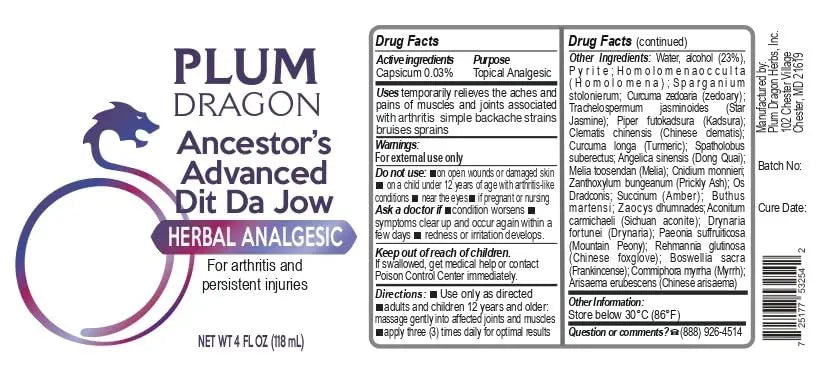 Plum Dragon Ancestors Advanced Dit Da Jow - Herbal Liniment, Sprain - 4 Oz Plum Dragon uk supplements