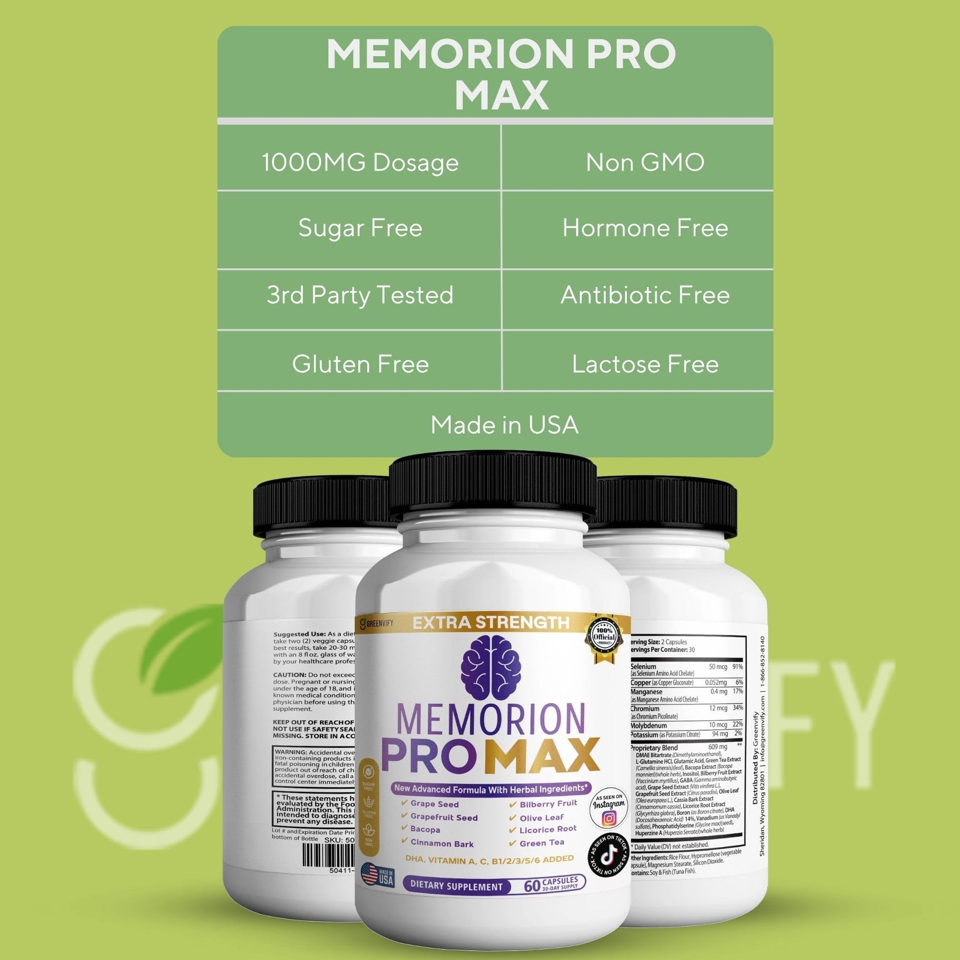 GREENVIFY Memorion Pro Max Extra Strength Brain Support Supplement, 60 Capsules, with DHA, Vitamins, Herbal Blend, 30-Day Supply (1) GREENVIFY uk supplements