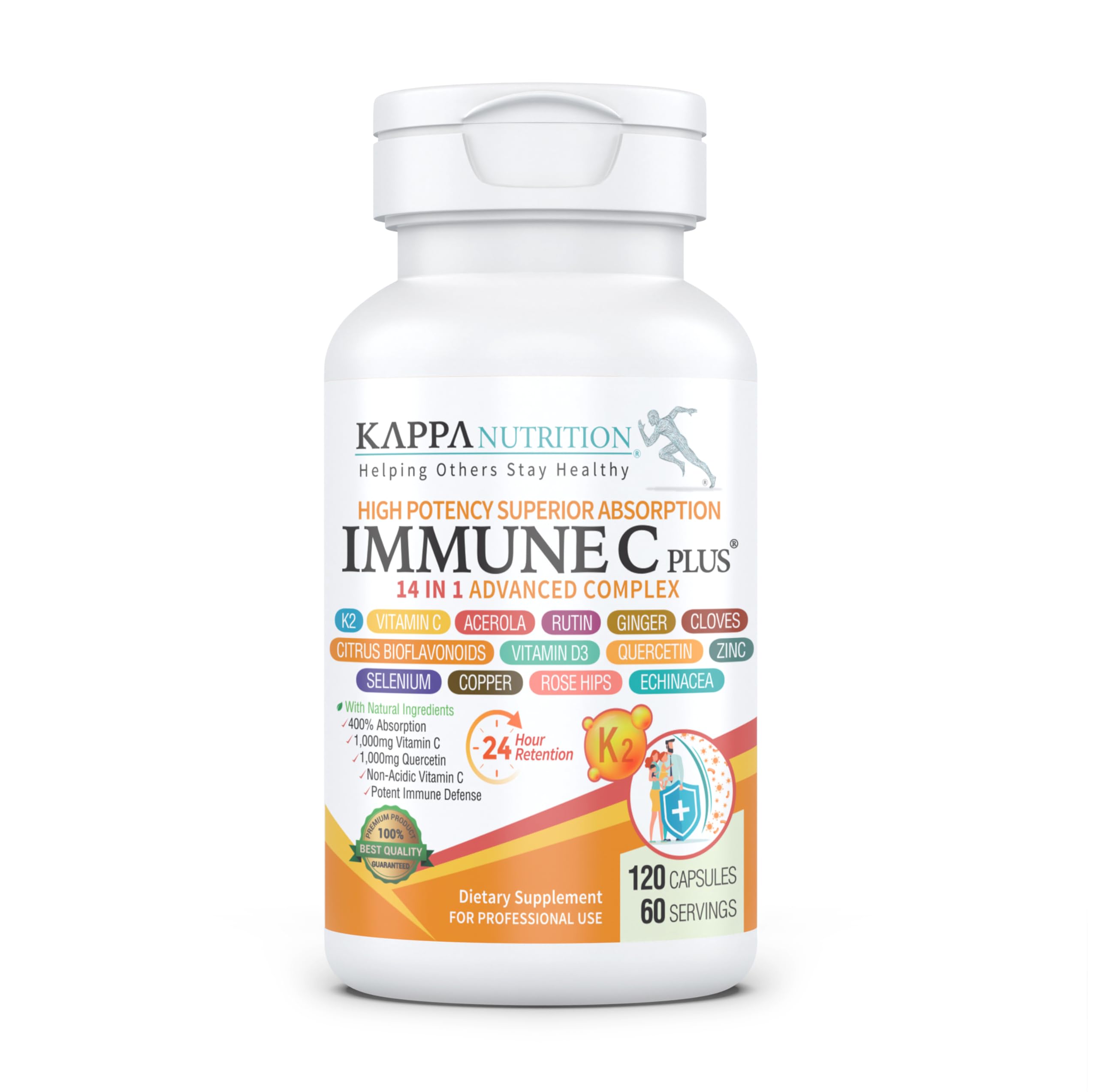 Quercetin 1,000mg, Vitamin C 1,000mg, Zinc 50mg, Vitamin D3 5,000iu, Selenium, Copper, Acerola, Ginger, Rutin, Bitter Orange, Rose Hips, Echinacea, Immune C Plus, 14 in 1 Immune C Plus (120 Count) KAPPA NUTRITION uk supplements