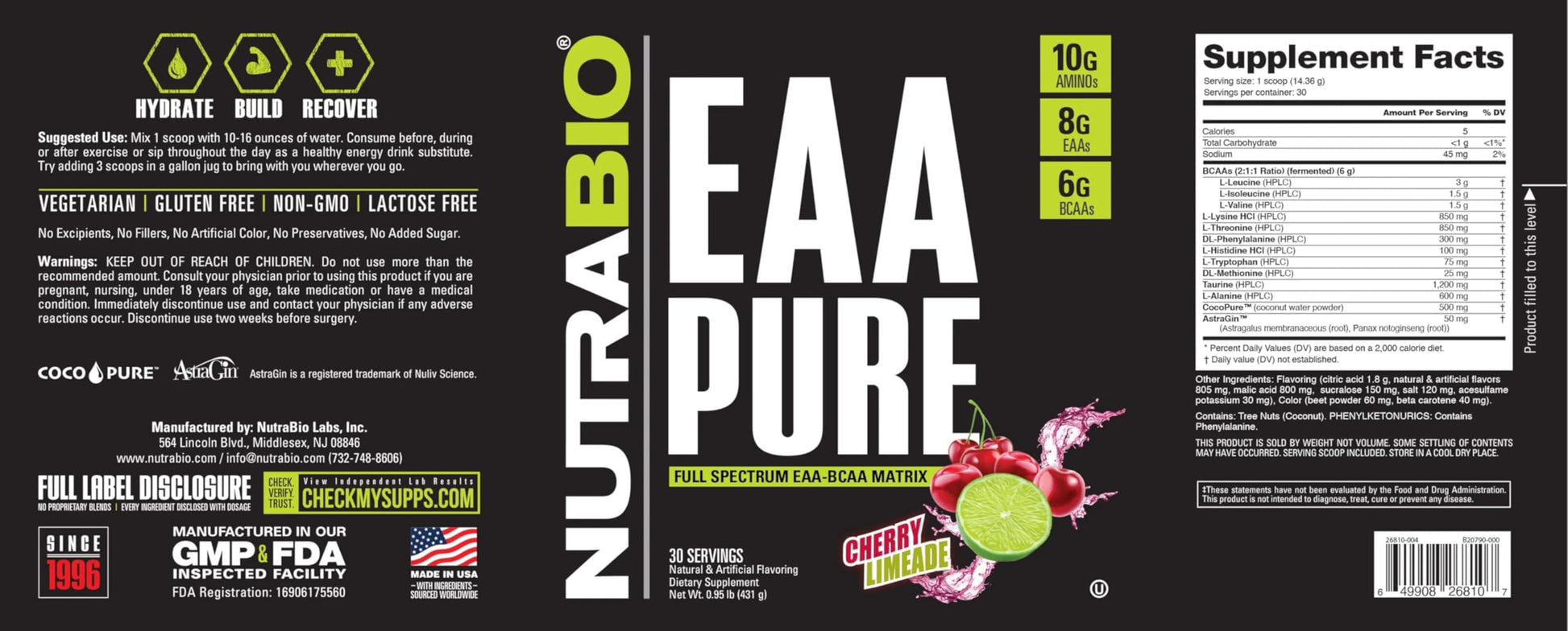 NutraBio – EAA Pure – 9 Amino Acids – Muscle Repair and Recovery, 30 Servings, Cherry Limeade – Pre or Post Workout – All Day Recovery NutraBio uk supplements