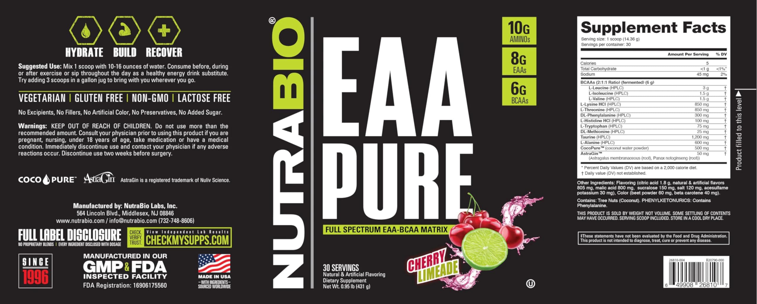 NutraBio – EAA Pure – 9 Amino Acids – Muscle Repair and Recovery, 30 Servings, Cherry Limeade – Pre or Post Workout – All Day Recovery NutraBio uk supplements