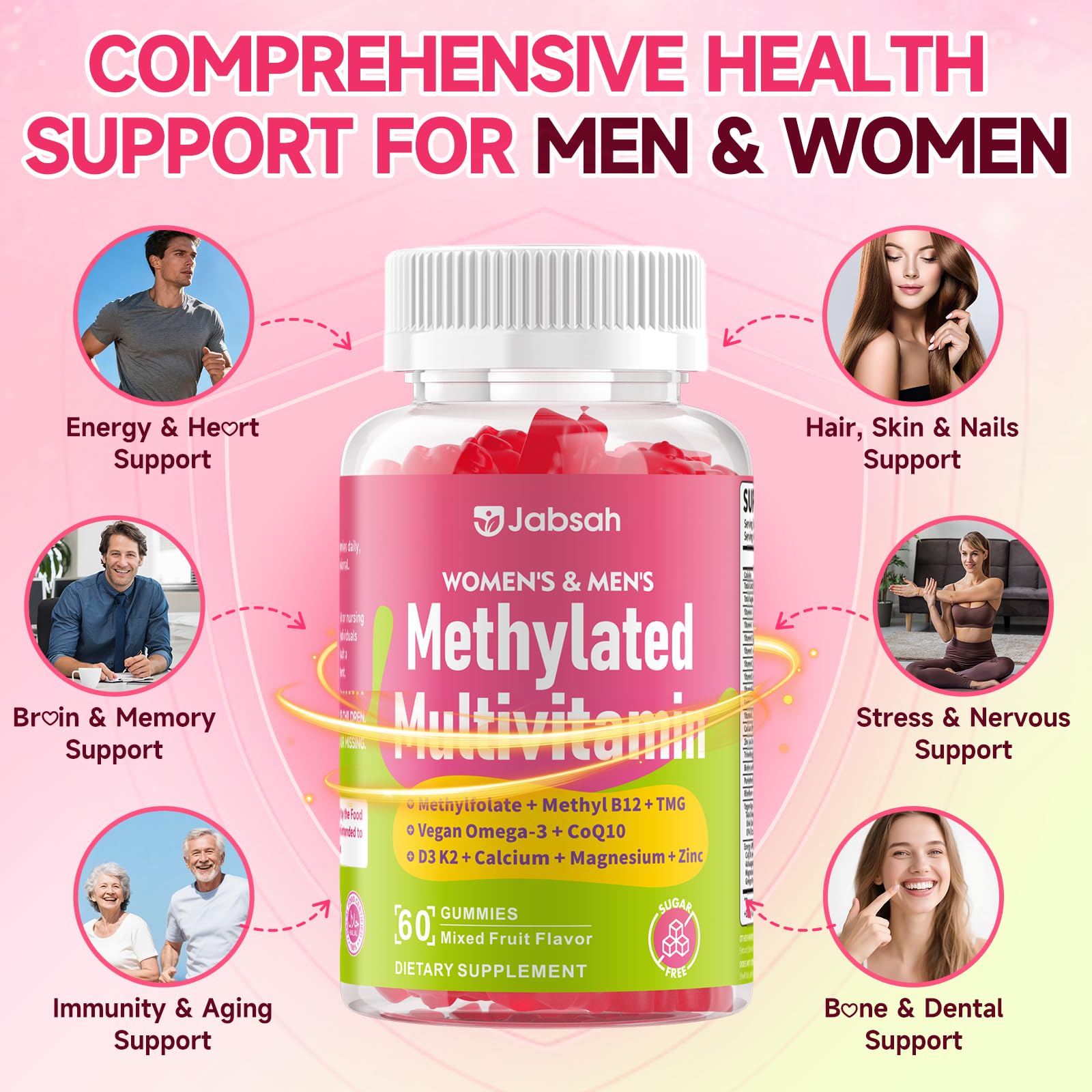 Methylated Vitamin B Complex Gummies for Women & Men, Multivitanins Gummy with Vitamin A, C ,E, Methylfolate & B12, TMG, Calcium, D3 K2 Jabsah uk supplements