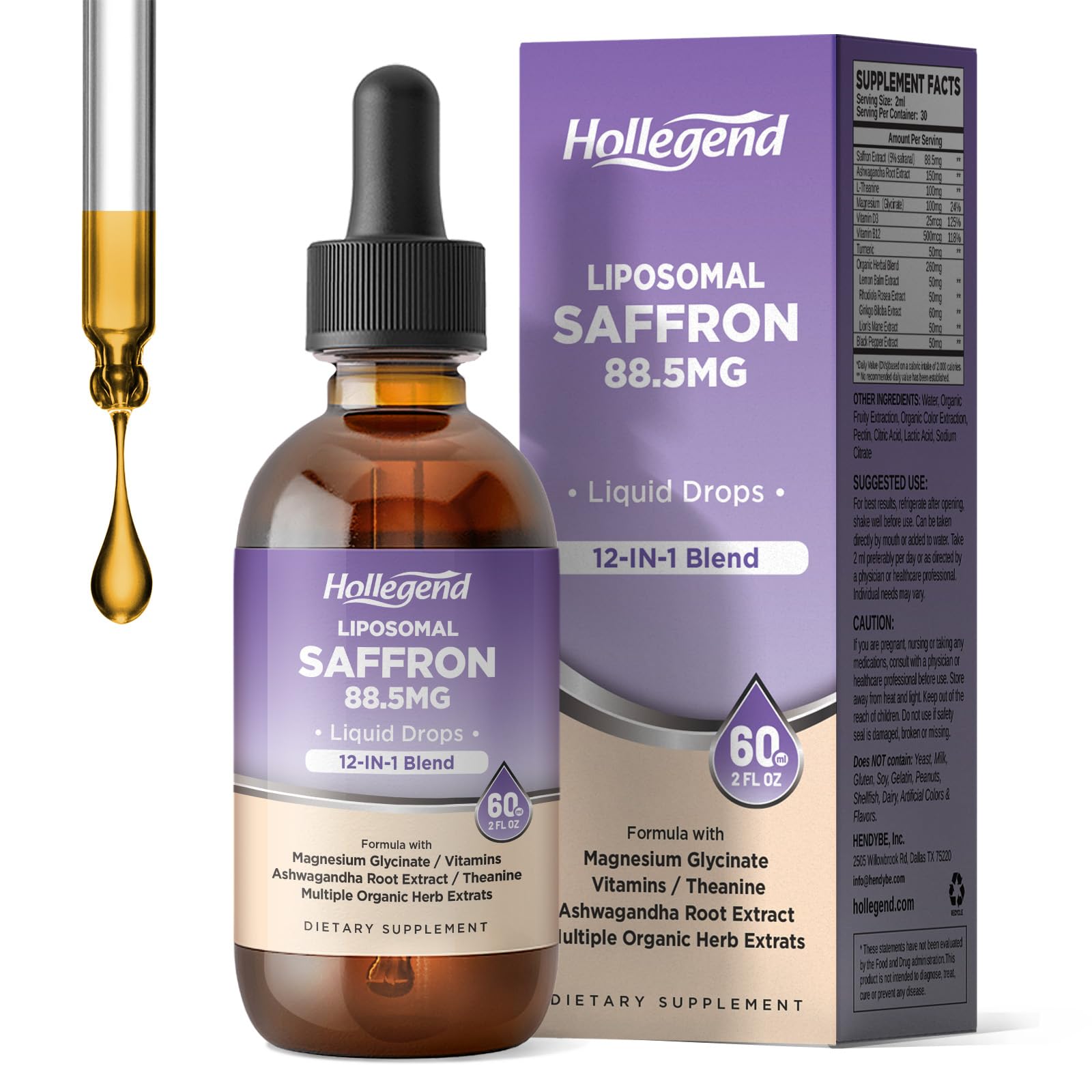 HOLLEGEND Liposomal Saffron Drops for Kids & Adults, Organic Saffron Supplement w/Magnesium, L-Theanine and Vitamins for Stress, Focus, Vision and Energy Support, Vegan, Natural Lemon Flavor, 2 FL OZ HOLLEGEND uk supplements