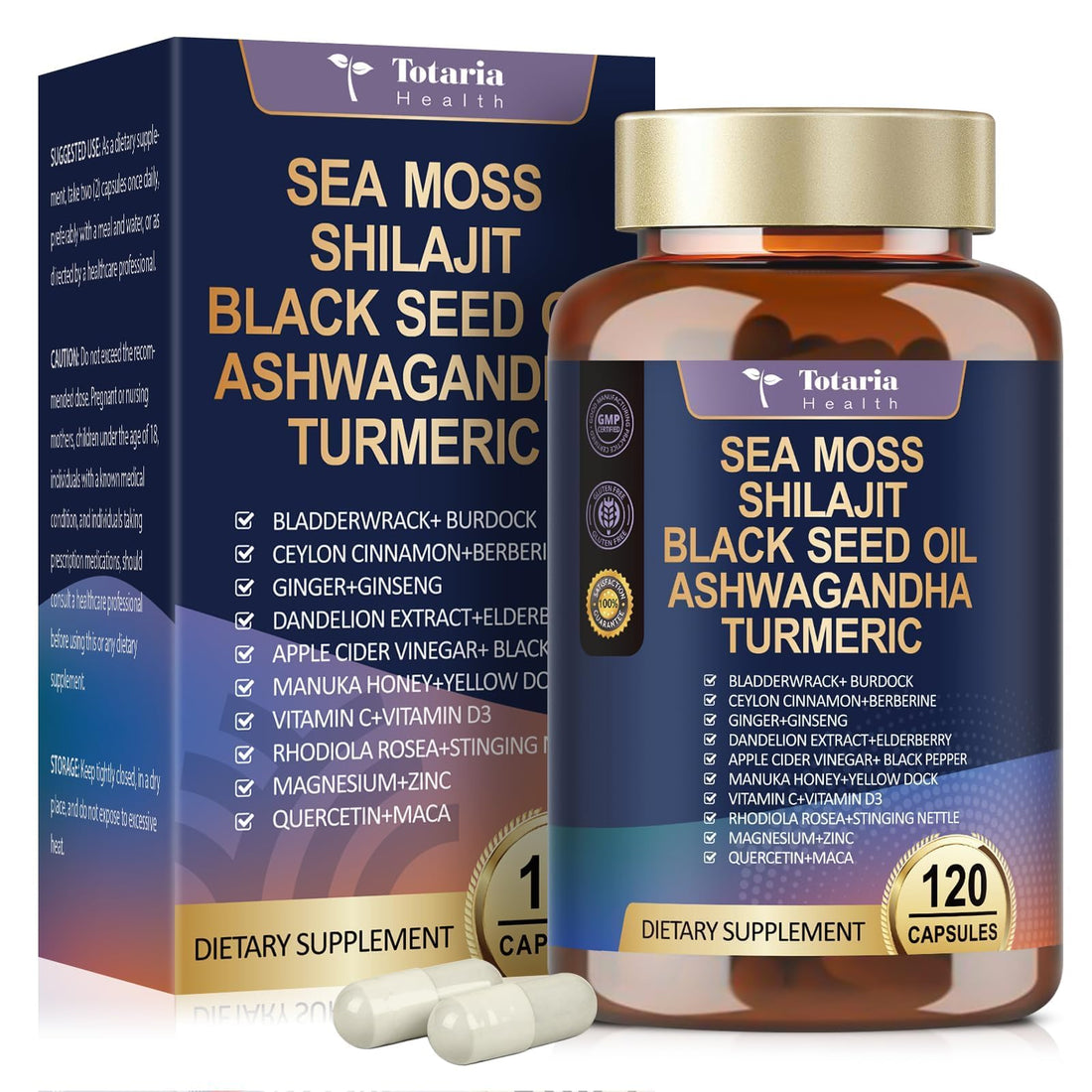 25-in-1 Sea Moss Black Seed Oil Ashwagandha Ginger Shilajit Supplement, Sea Moss Capsules Pro with Bladder Burdock Ceylon Cinnamon Berberine ACV Manuka VIT C & D3 for Men Women, 120 Vegan Caps Totaria uk supplements