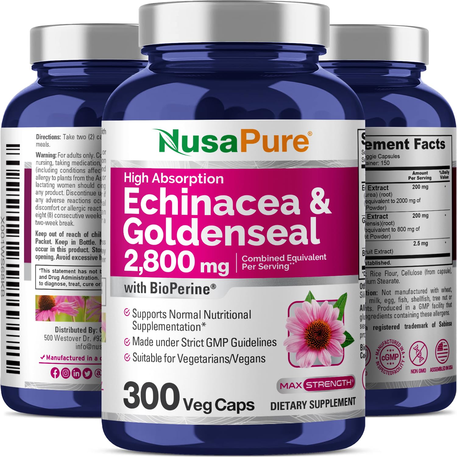 NusaPure Echinacea Goldenseal 200mg, (Extract 10:1, Equivalent to 2,000mg), 200mg, (Extract 4:1, Equivalent to 800mg) - 2800mg 300 Veggie Caps (Vegetarian, Non-GMO, Vegan) NusaPure uk supplements