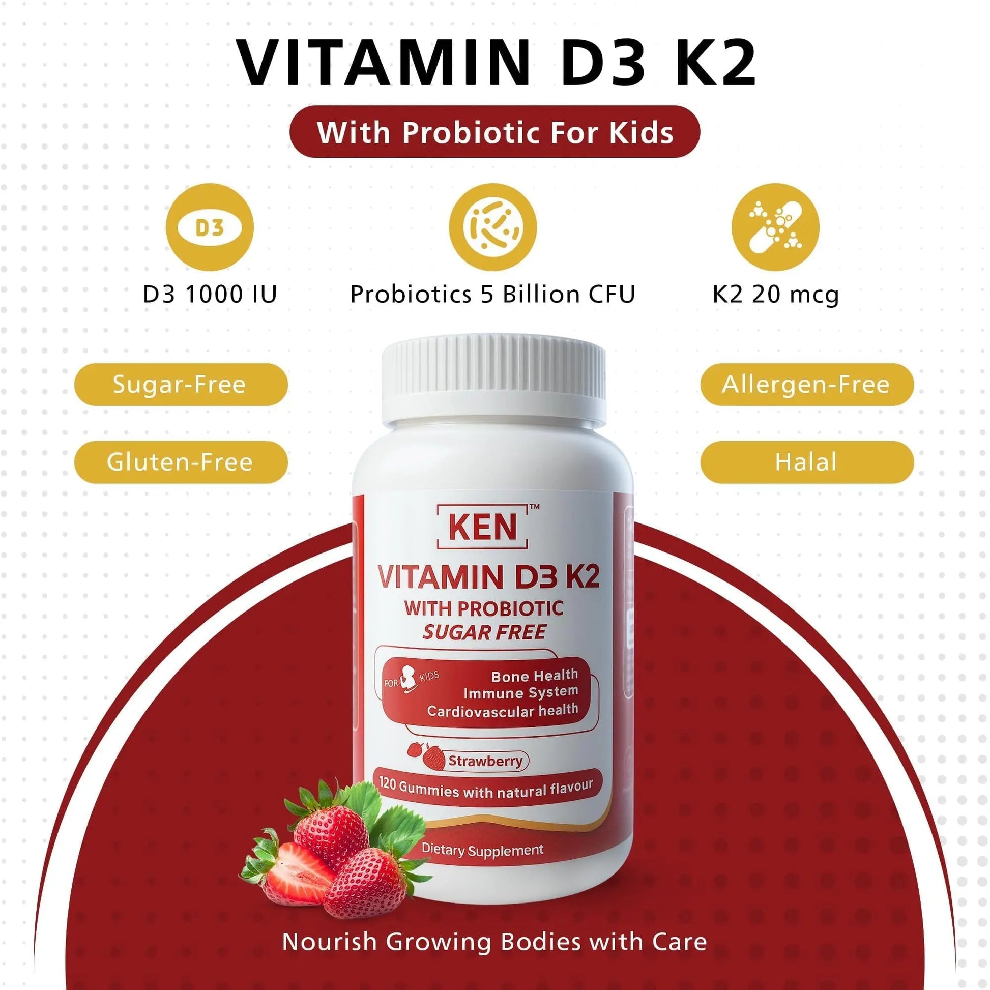 KEN Vitamin D3 K2 with Probiotic for Kids, Sugar-Free Gummies for Calcium Absorption, Bone Support, 5 Billion CFU Probiotics for Gut Balance and Immune Function KEN uk supplements