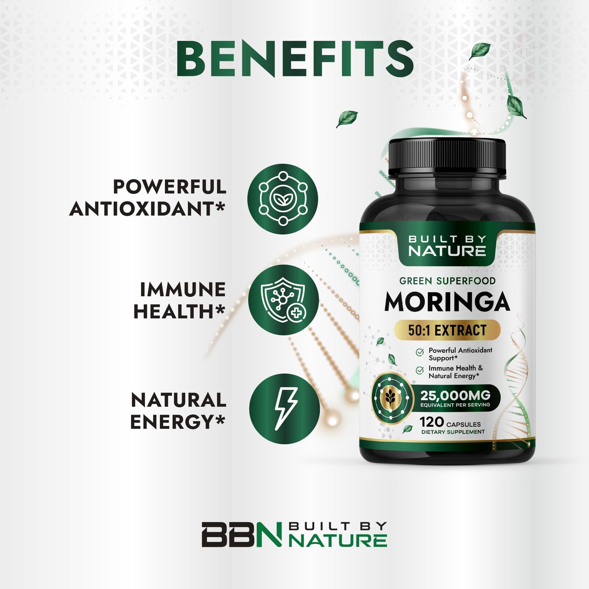 Built by Nature Moringa – 500mg Pure Moringa Leaf Extract 50:1 per Serving – High Potency Moringa Supplement – 120 Capsules Built by Nature uk supplements