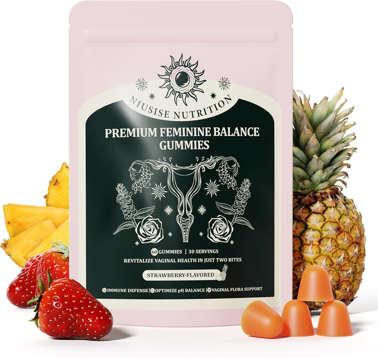NIUSISE Feminine Balance Gummies, Premium Balance Supplement for Women PH Health, Immune Support, Vegan, Gluten-Free - Hawaiian Pineapple - 120 Gummies - 60 Servings 2 Pack. NIUSISE uk supplements