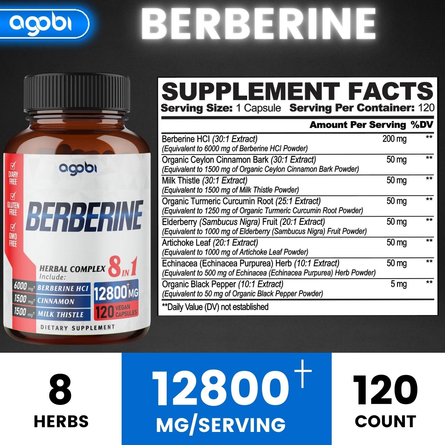120 Capsules - Berberine Supplement 12800mg with Ceylon, Milk Thistle, Turmeric agobi uk supplements