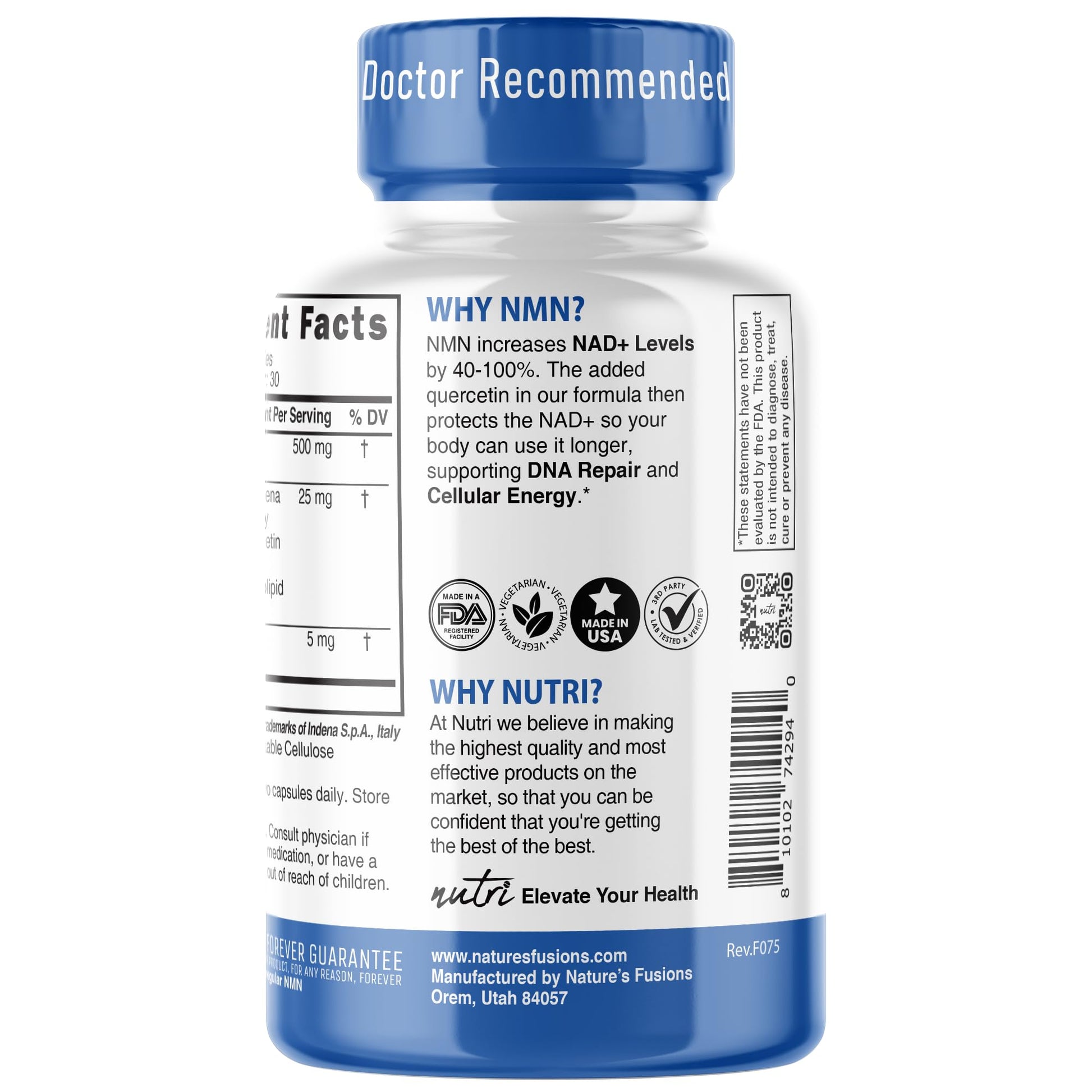 NMN Supplement 500mg NAD Supplement - Nutri Ultra High Absorption Stabilized NMN Nicotinamide Mononucleotide, 40% More NAD+ with Quercetin Phytosome & Black Pepper - mnm supplement (60 Capsules) Nature's Fusions uk supplements