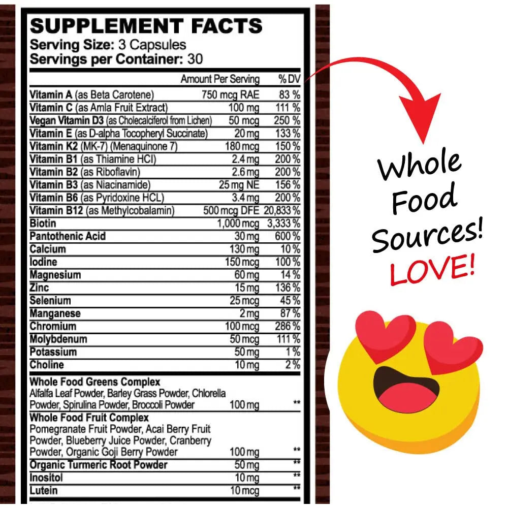 Whole Food Multivitamin Fruit & Super Greens All-in-one Vitamin Complex, 90 Vegan Capsules - Daily Vitamin for Women and Men Hippie Farms uk supplements