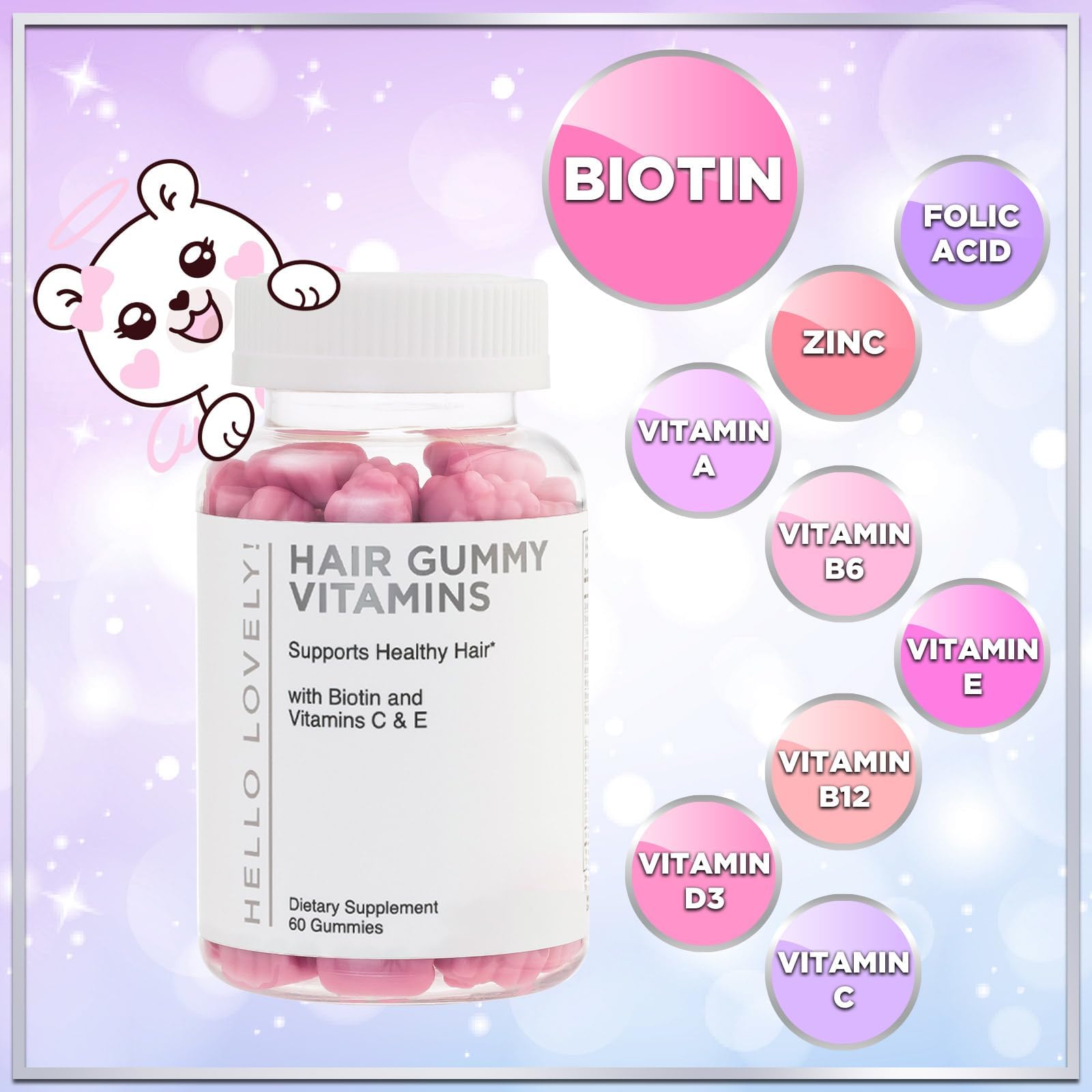 Hello Lovely! Hair Vitamins Gummies with Biotin 5000 mcg Vitamin E & C Support Hair Growt Hello Lovely! uk supplements