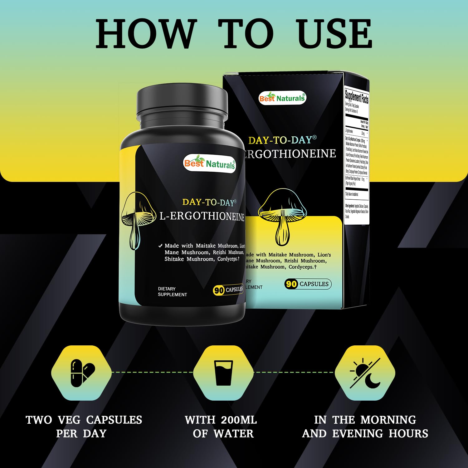 Best Naturals Day-to-Day L-Ergothioneine 25 mg with Maitake Mushrom, Lion's Mane Mushroom, Reishi Mushroom 90 Capsules Best Naturals uk supplements