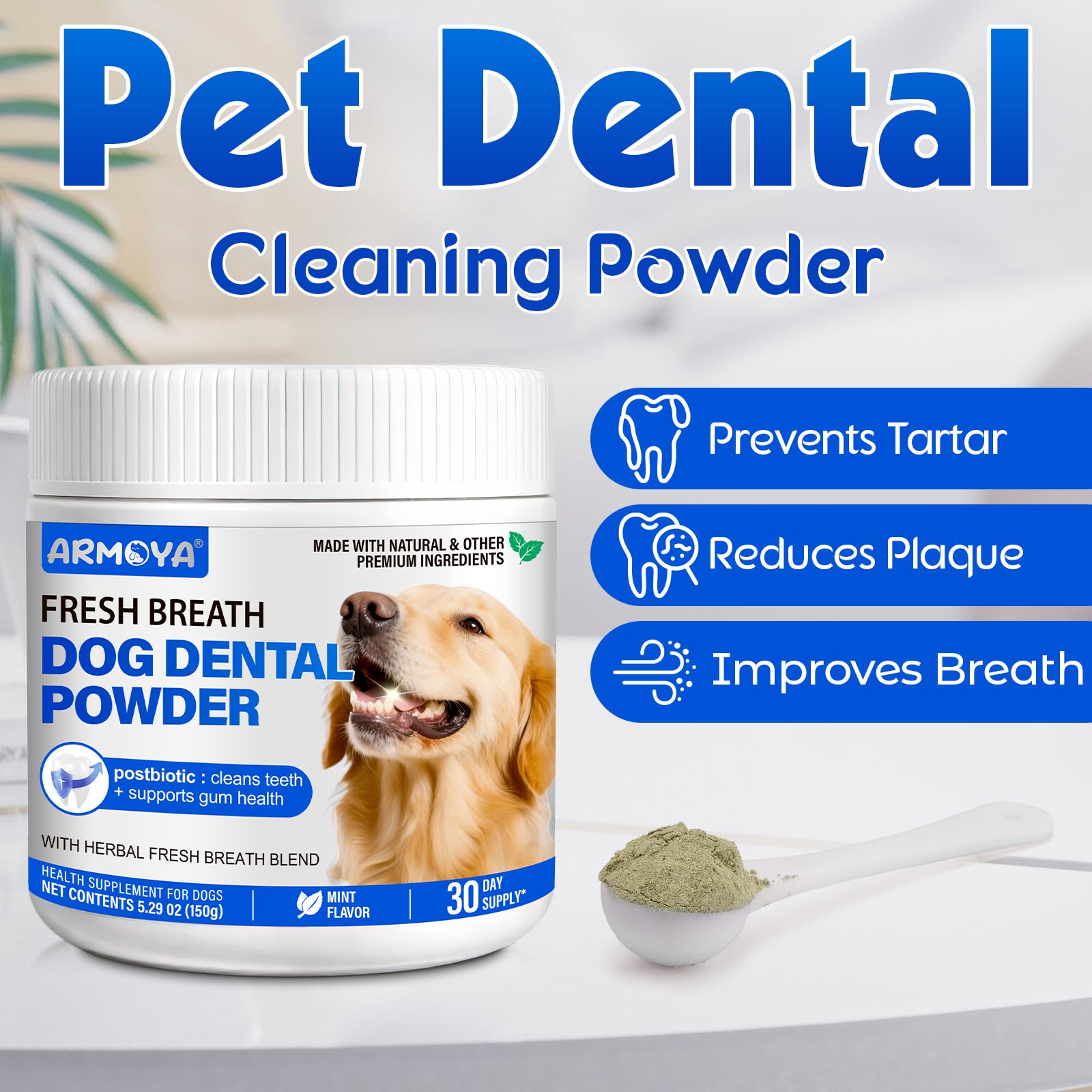 Dog Teeth Cleaning Powder - Dental Powder for Dogs Teeth - Plaque Removal - Supports Gum Health - Tartar Remover with Natural Herb Blend and Postbiotics 30 Day Supply - Mint Flavor ARMOYA uk supplements