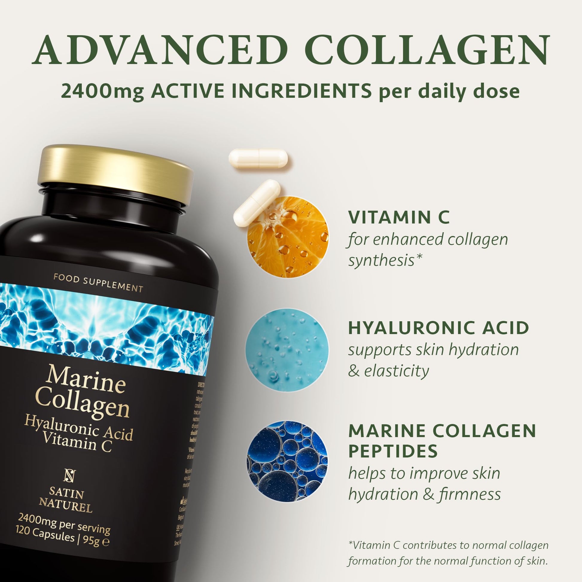 Marine Collagen Capsules with Hyaluronic Acid + Vitamin C 2400mg - High Strength Collagen SatinNaturel uk supplements