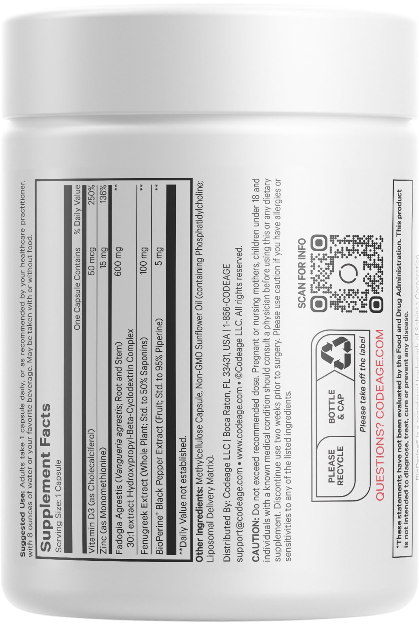Codeage Liposomal Fadogia Agrestis 600mg Supplement - Fadogia Agrestis 30:1 Extract, Vitamin D3, Zinc, Fenugreek, BioPerine Black Pepper - 2-Month Supply - Liposomal Delivery - Non-GMO, 60 Capsules Codeage uk supplements