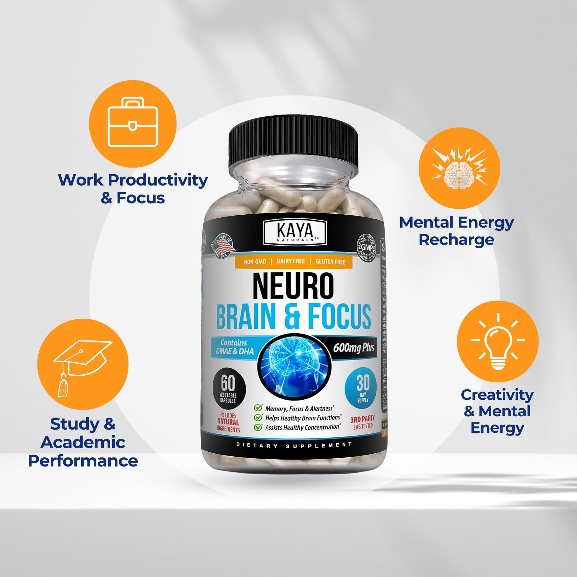 Kaya Naturals - Neuro Brain for Memory & Focus - Nootropic Energy Capsule - Nootropic Brain Support Supplement - Focus & Concentration & Learning Accuracy - Cognitive Function - 60 Count Kaya Naturals uk supplements