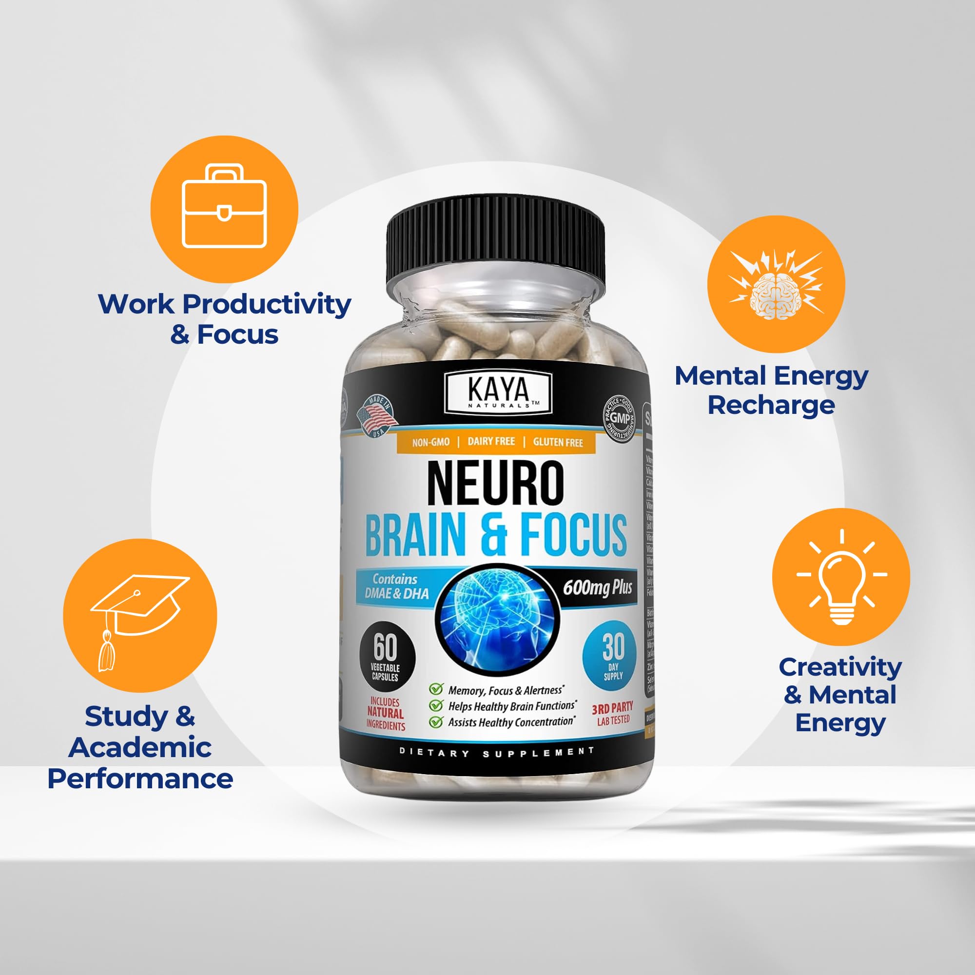 Kaya Naturals - Neuro Brain for Memory & Focus - Nootropic Energy Capsule - Nootropic Brain Support Supplement - Focus & Concentration & Learning Accuracy - Cognitive Function - 60 Count Kaya Naturals uk supplements