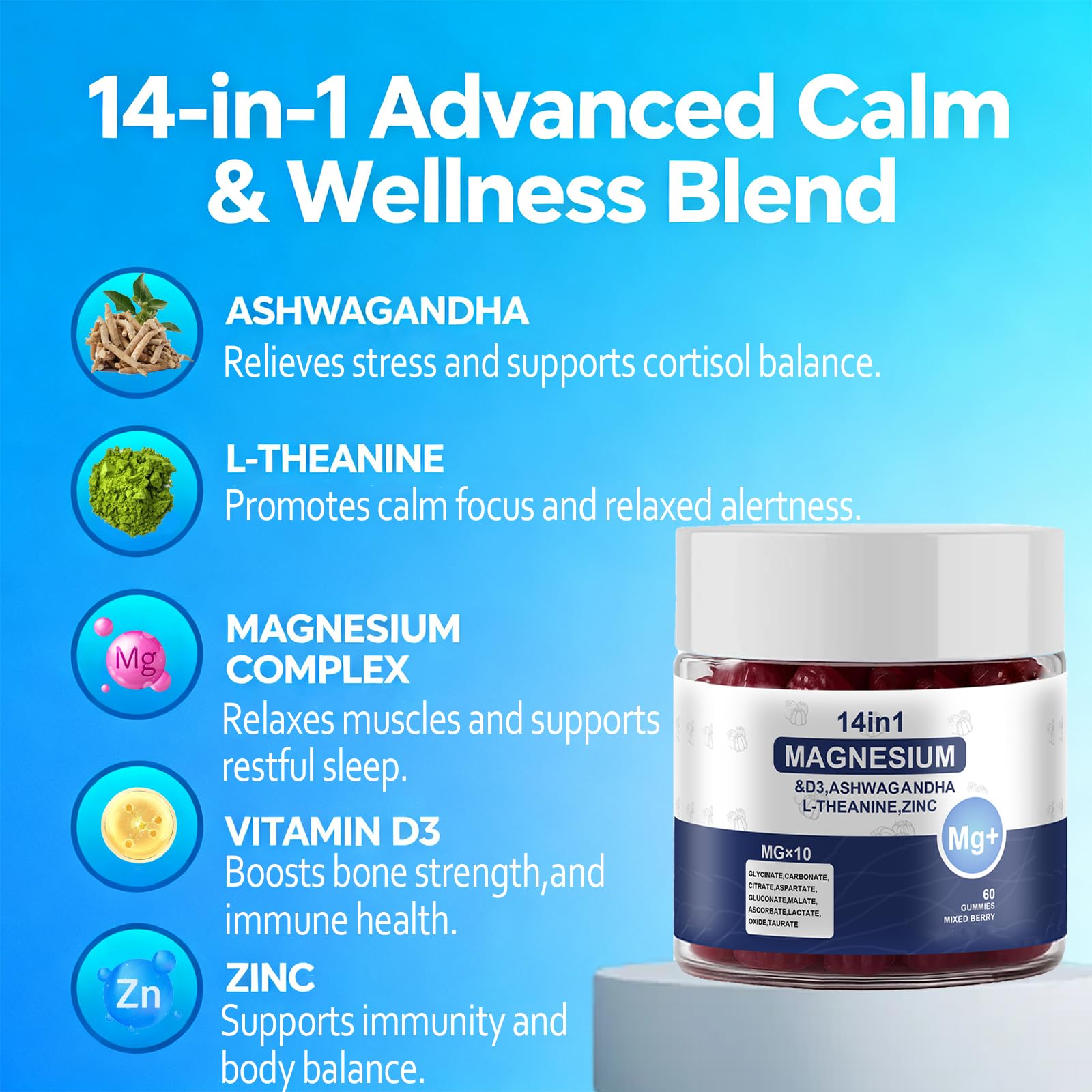Magnesium Complex Gummies for Women & Men, Calm Magnesium Gummies for Women & Men, 14-in-1 with Ashwagandha, L-Theanine, Vitamin D3 & Zinc, 60 Count (1) UYPO uk supplements