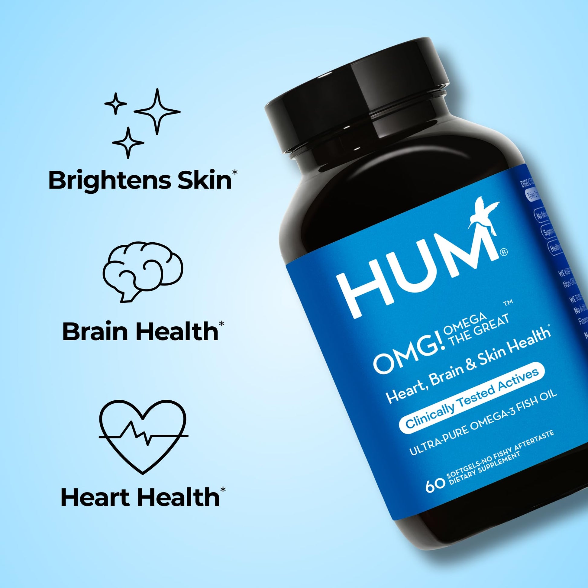 HUM OMG! Omega The Great Triple Omega 3 Fish Oil Supplement for Women & Men with Vitamin E, DHA & EPA, Skin Care & Skin Tone Support for Heart & Brain Health, Gluten Free, Non GMO, 60 Softgels HUM uk supplements