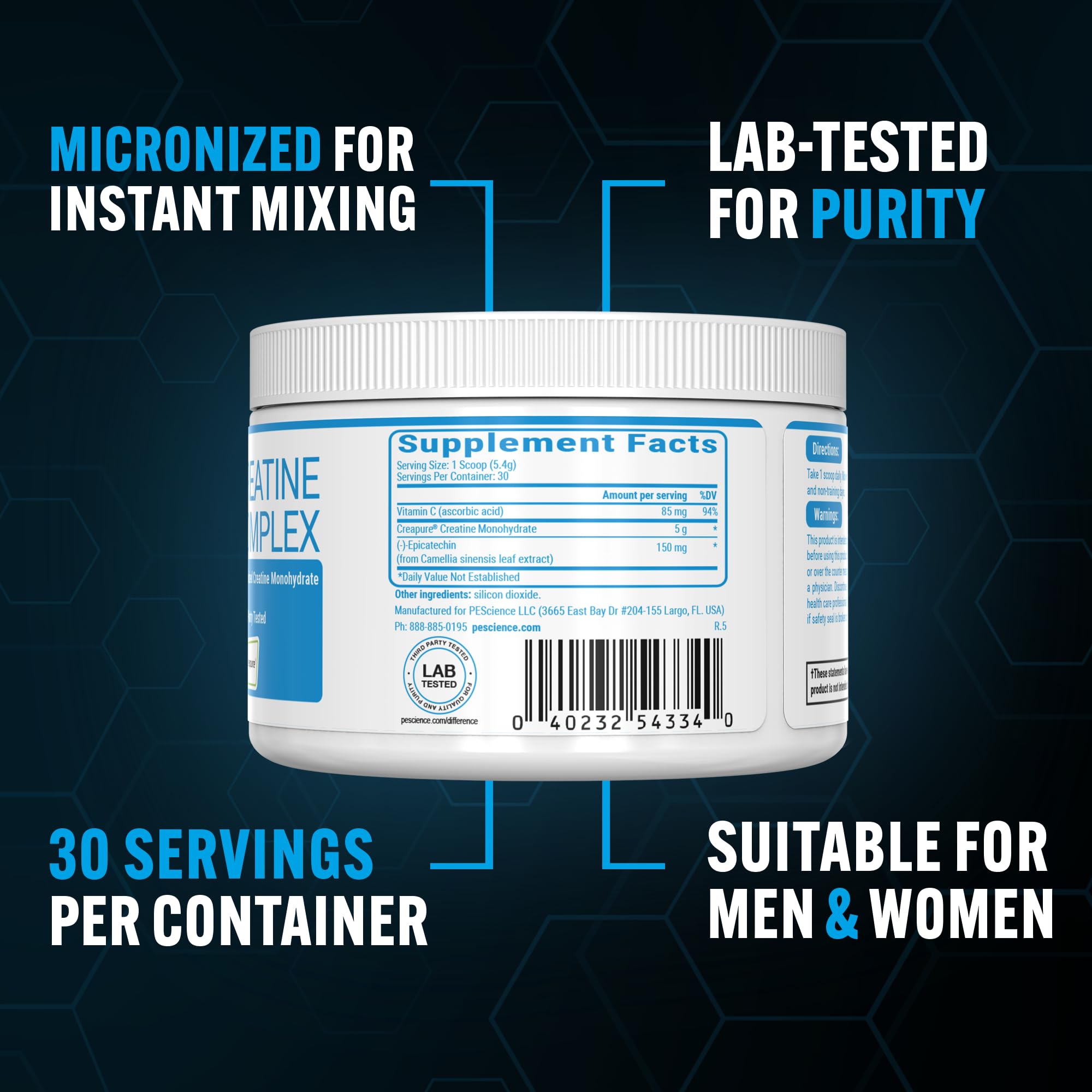PEScience TruCreatine+ Creatine Monohydrate Powder Plus Epicatechin, Micronized Creapure Creatine for Women & Men, Supports Muscle Growth, Strength & Recovery, Cognition, 30 Servings, Unflavored PEScience uk supplements