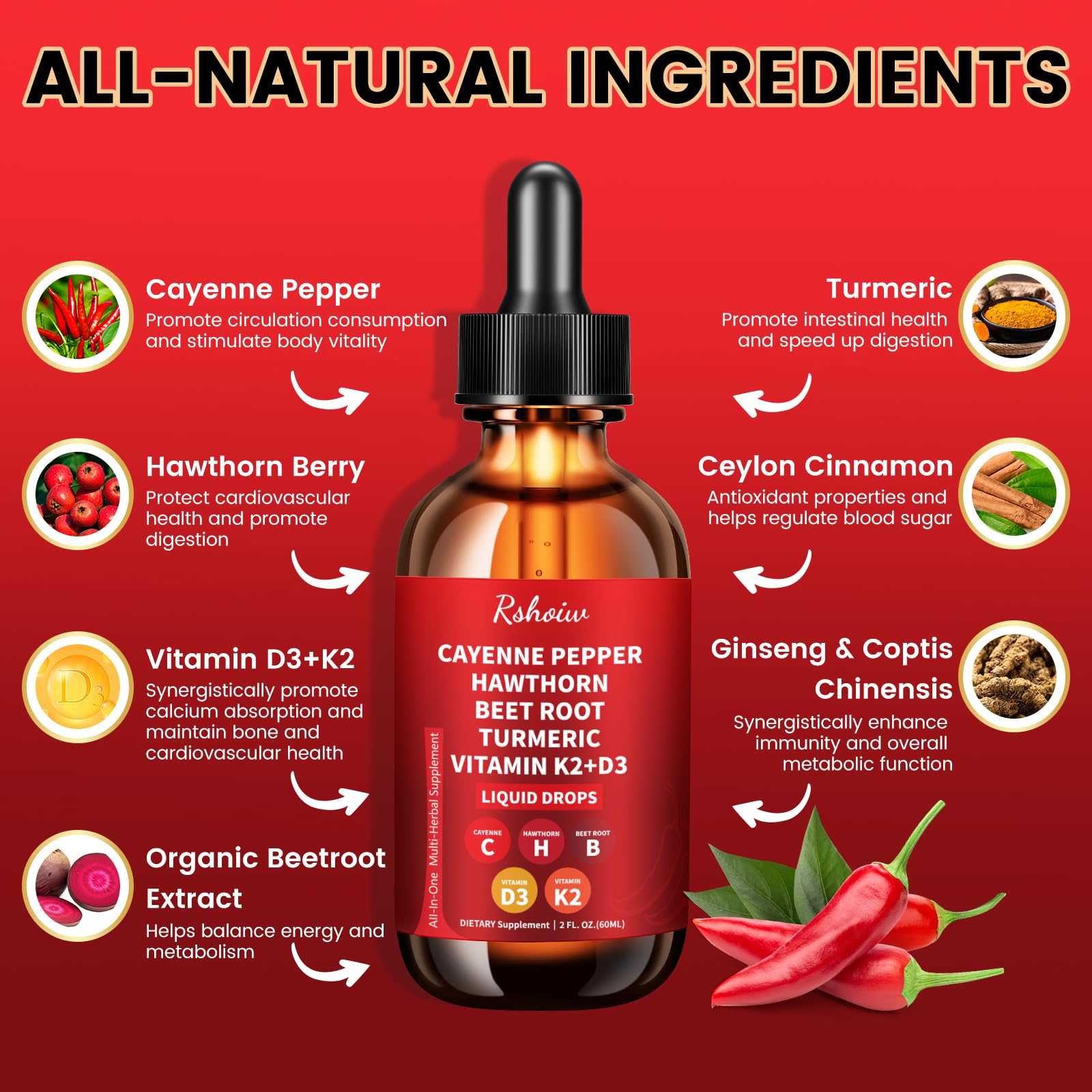 Cayenne Pepper Drops Supplement Liquid with Hawthorn Berry, Vitamin D3 K2, Turmeric Curcumin, Beet Root, Ceylon Cinnamon Vegan- Friendly - 60ml Rshoiw uk supplements