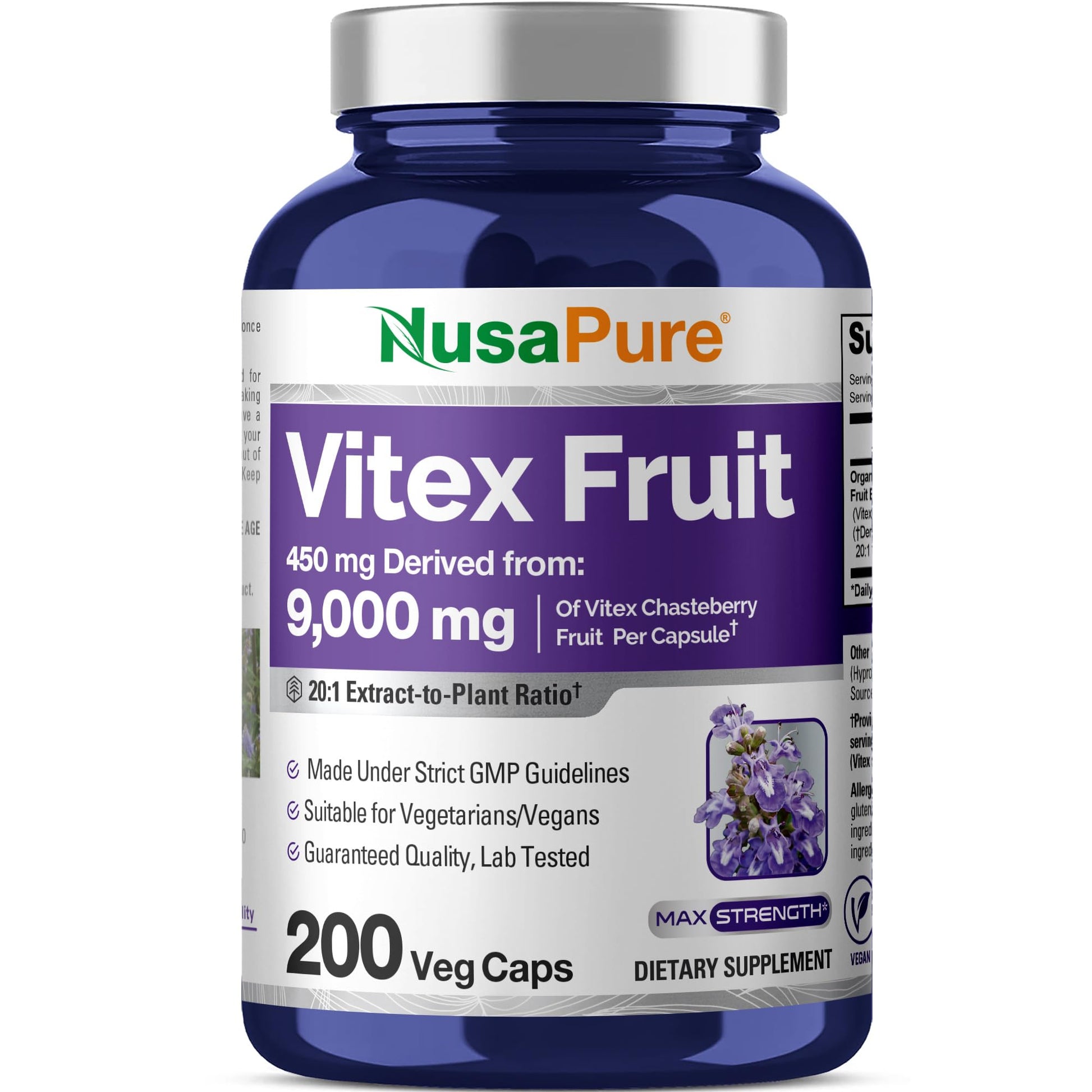 NusaPure Vitex Chasteberry Fruit 20:1 Extract, 450 mg Equivalent to 9,000 mg 200 Vegan Capsules - Non-GMO, Vegan Dietary Supplement NusaPure uk supplements