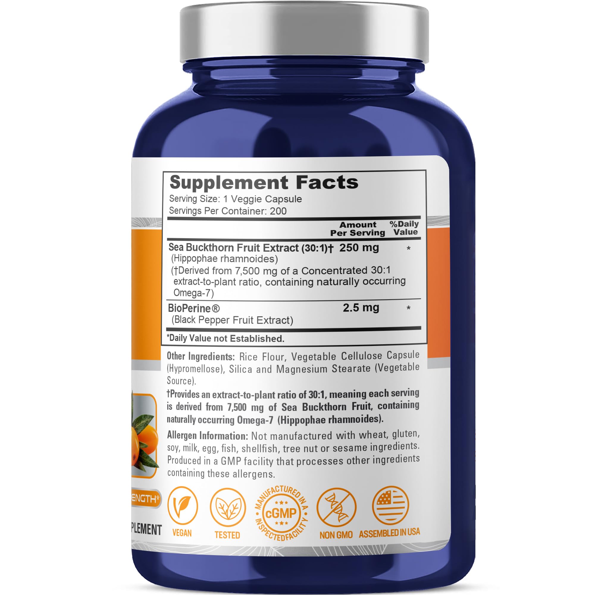 NusaPure Sea Buckthorn Omega-7 30:1 Extract, 250 mg Equivalent to 7,500mg per Veggie Caps - 200 Capsules - Non-GMO & Vegan NusaPure uk supplements
