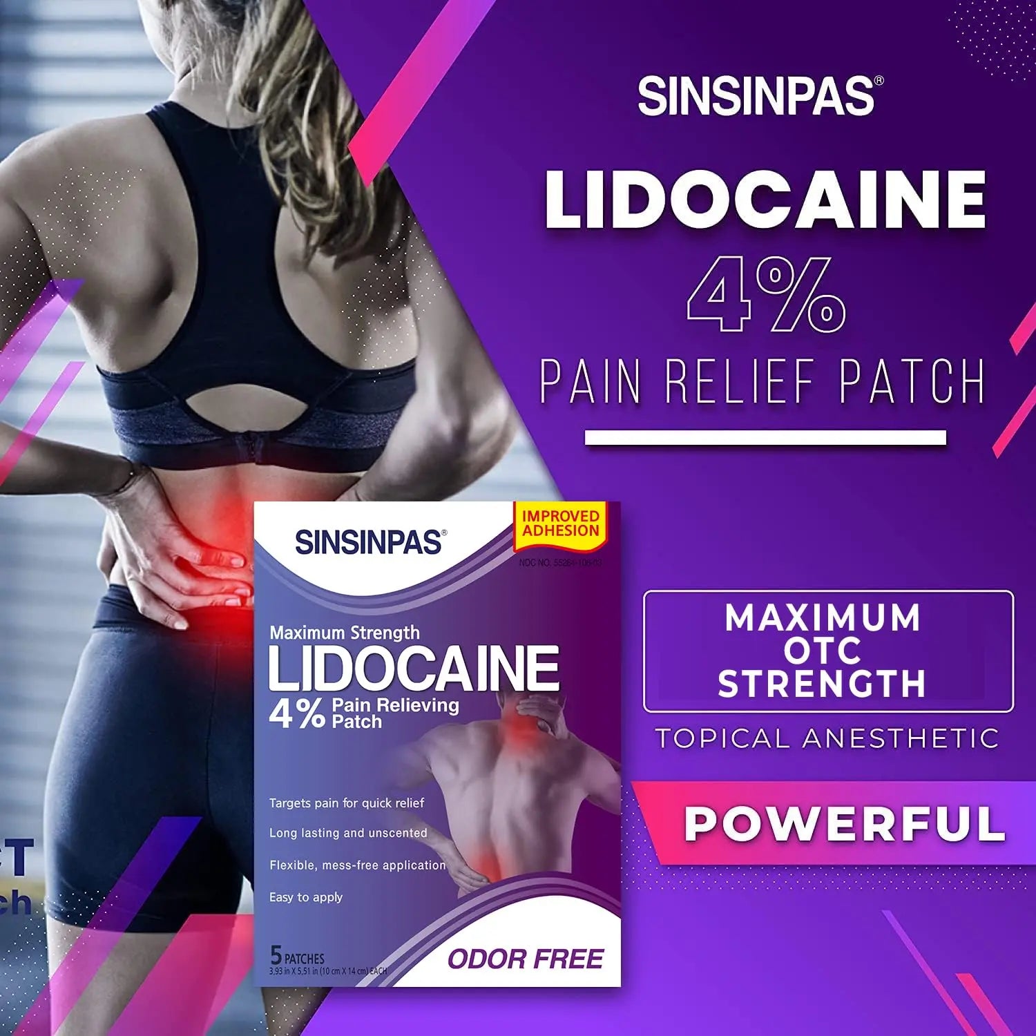 SINSINPAS Lidocaine 4% Pain Relieving Patch (1 Pack (5 Patches Total)) SINSINPAS uk supplements