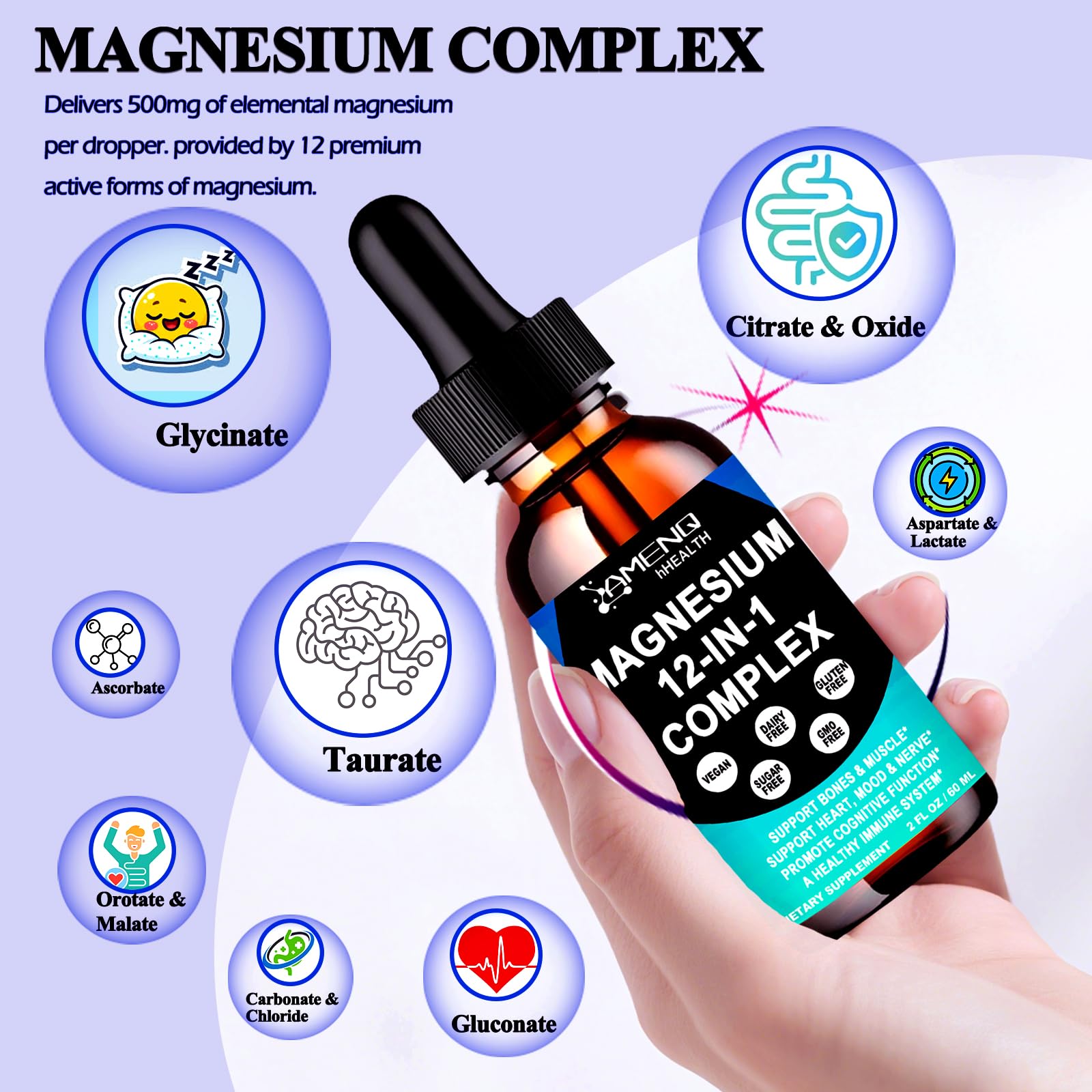 Magnesium 12 in 1 Complex Liquid Drops Magnesium Supplement w. Glycinate Citrate Malate Taurate Oxide Aspartate Orotate, Calm Magnesium for Sleep Muscle Heart Support丨Max Absorption Liquid Formula AMENQ hHEALTH uk supplements