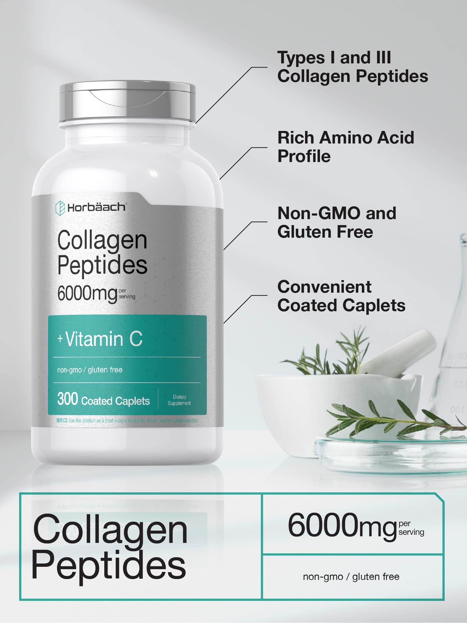 Horbäach Collagen Peptides 6000mg | 300 Caplet Pills | with Vitamin C | Hydrolyzed Collagen Supplement | Non-GMO, Gluten Free Horbäach uk supplements