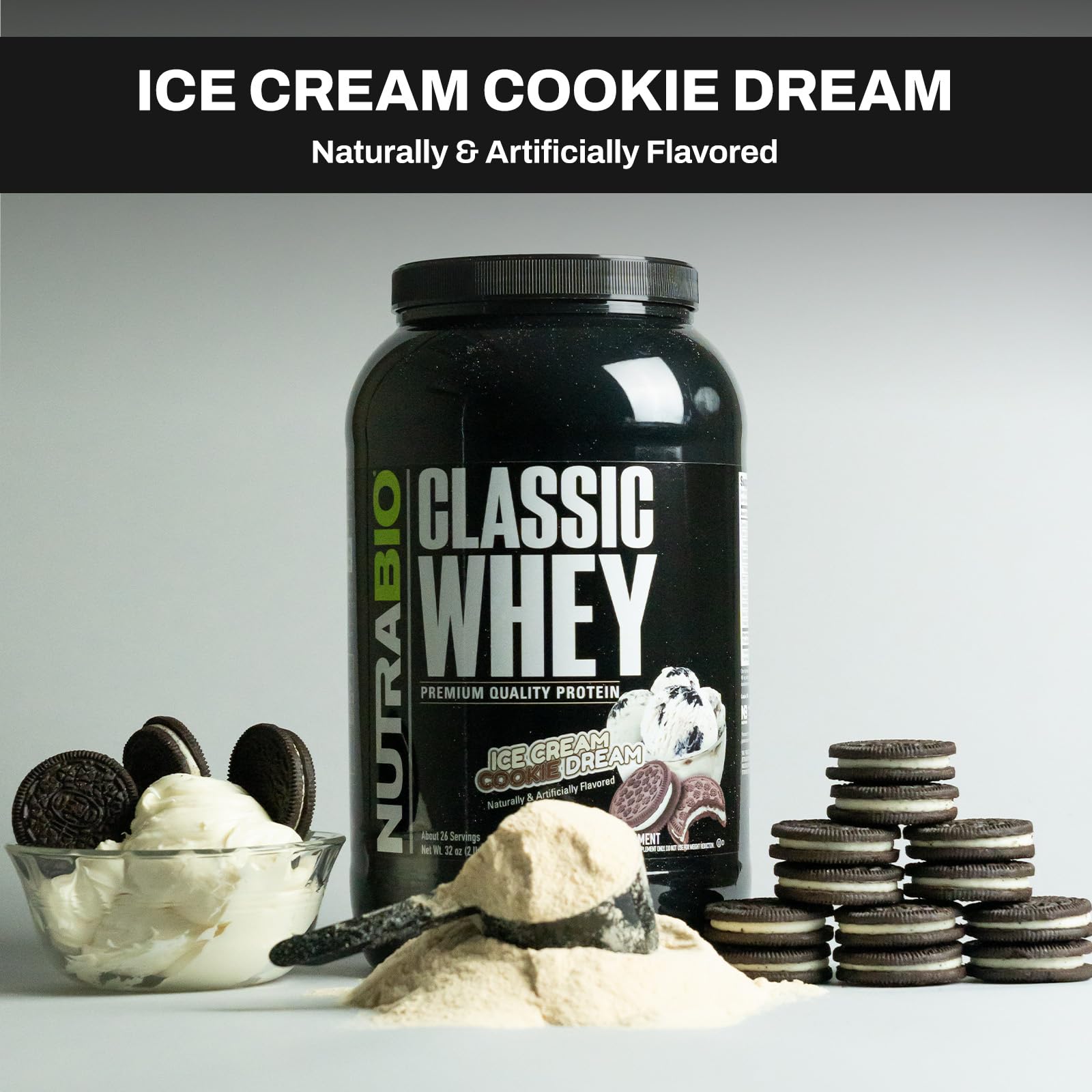 NutraBio Classic Whey Protein Powder- 25G of Protein Per Scoop - Ice Cream Cookie NutraBio uk supplements