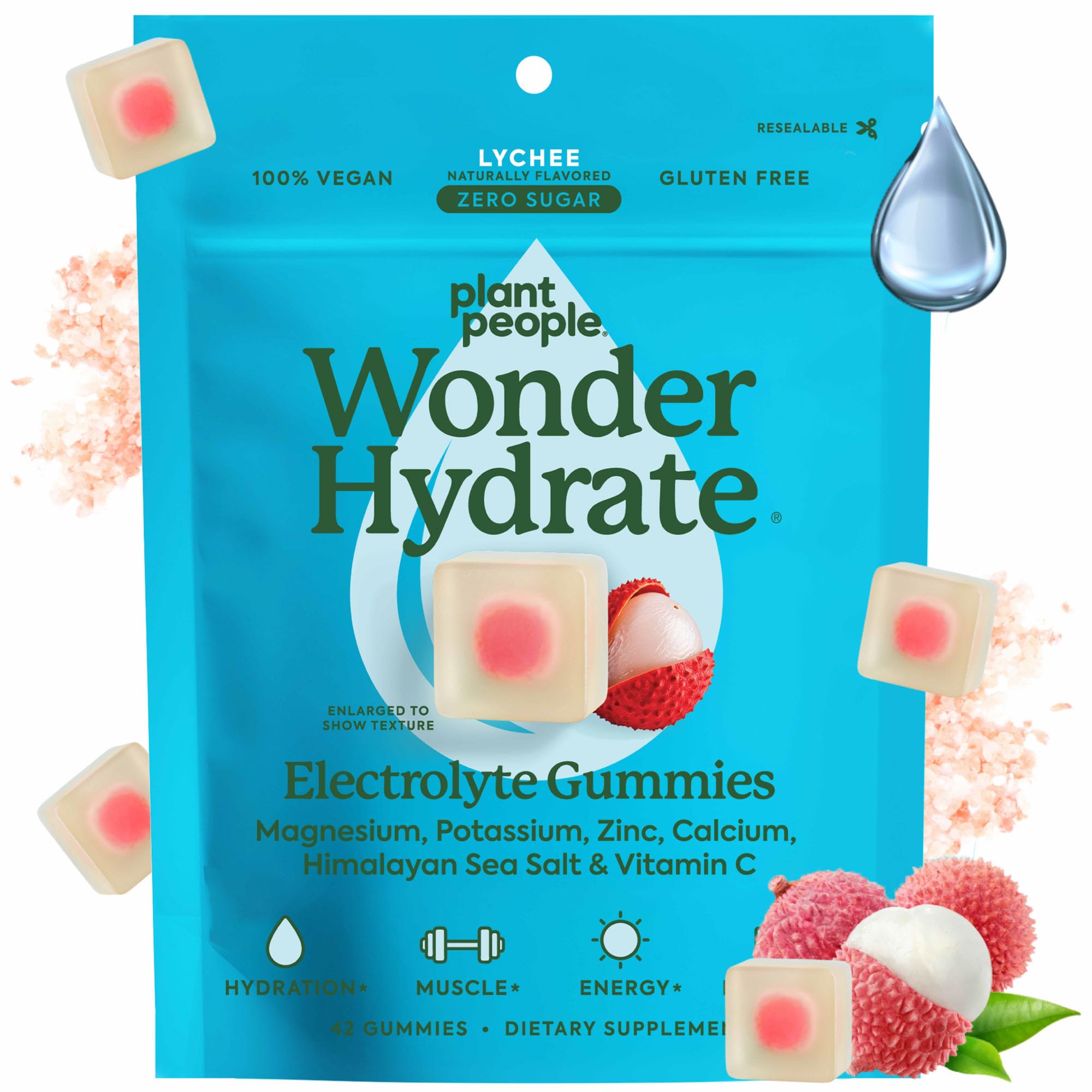 Plant People WonderHydrate Electrolyte Gummies – Vegan Hydration Supplement with Magnesium, Potassium, Zinc, Vitamin C & Himalayan Sea Salt – Zero Sugar Lychee (42 Count) Plant People uk supplements