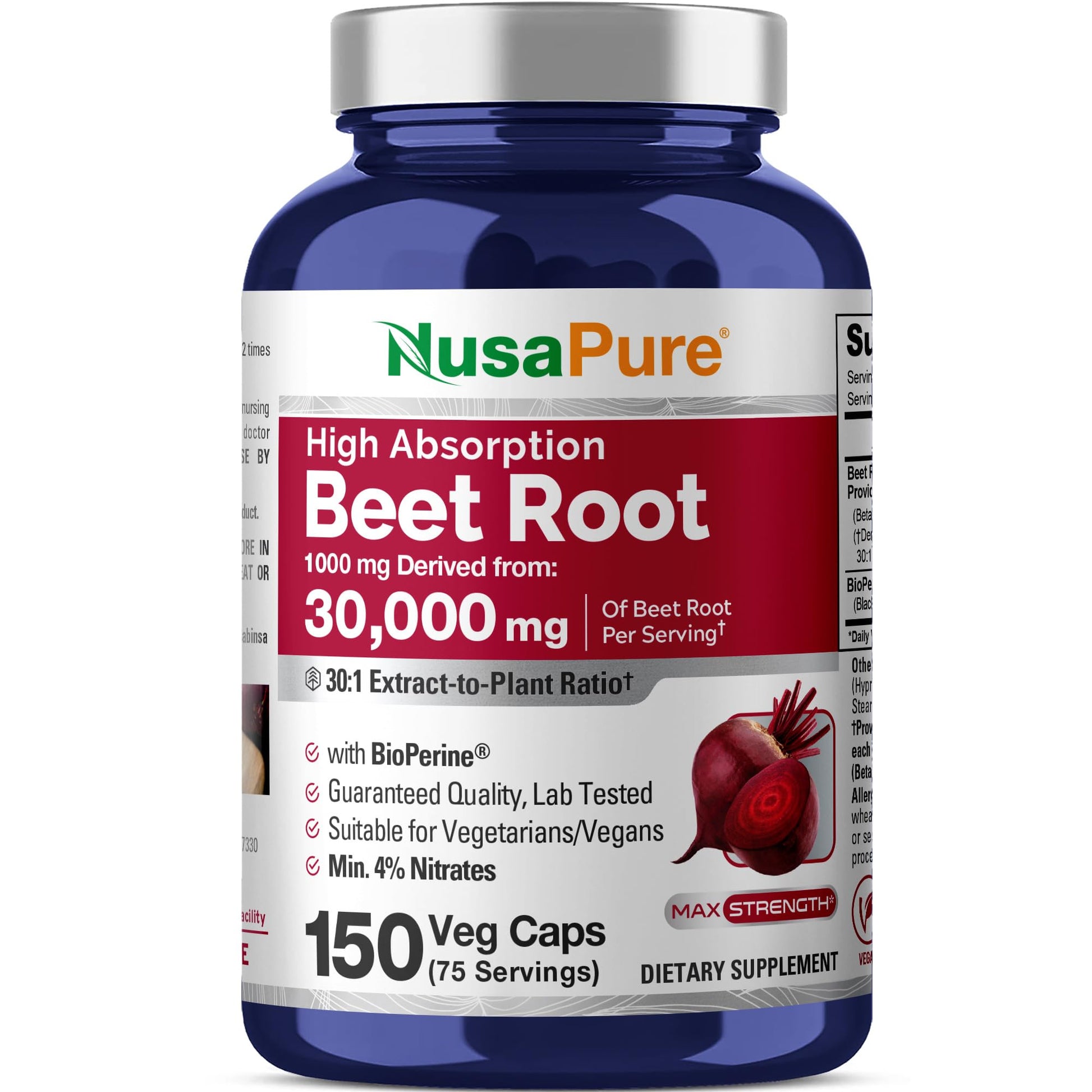 NusaPure Beet Root 30:1 Extract, 1000 mg Equivalent to 30,000 mg 150 Veggie caps (Vegan, Non-GMO & Vegan 4% Nitrates) Bioperine NusaPure uk supplements