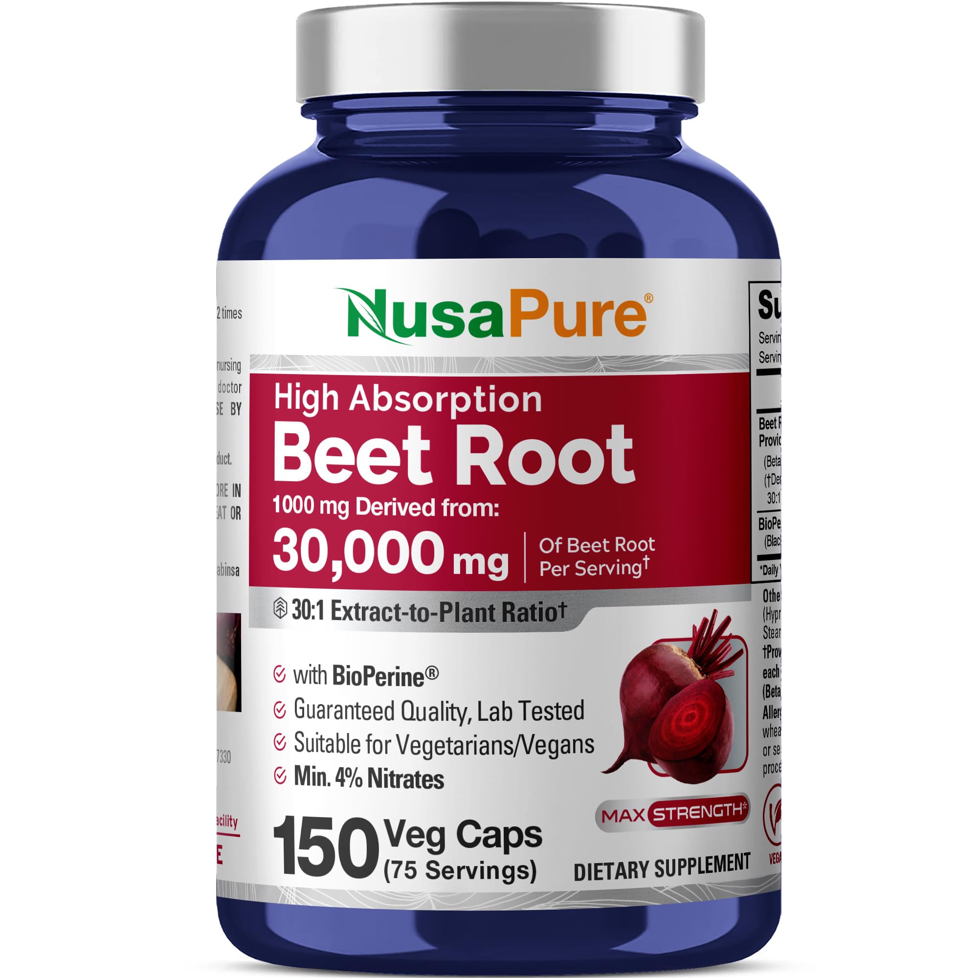 NusaPure Beet Root 30:1 Extract, 1000 mg Equivalent to 30,000 mg 150 Veggie caps (Vegan, Non-GMO & Vegan 4% Nitrates) Bioperine NusaPure uk supplements