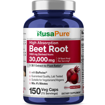 NusaPure Beet Root 30:1 Extract, 1000 mg Equivalent to 30,000 mg 150 Veggie caps (Vegan, Non-GMO & Vegan 4% Nitrates) Bioperine NusaPure uk supplements