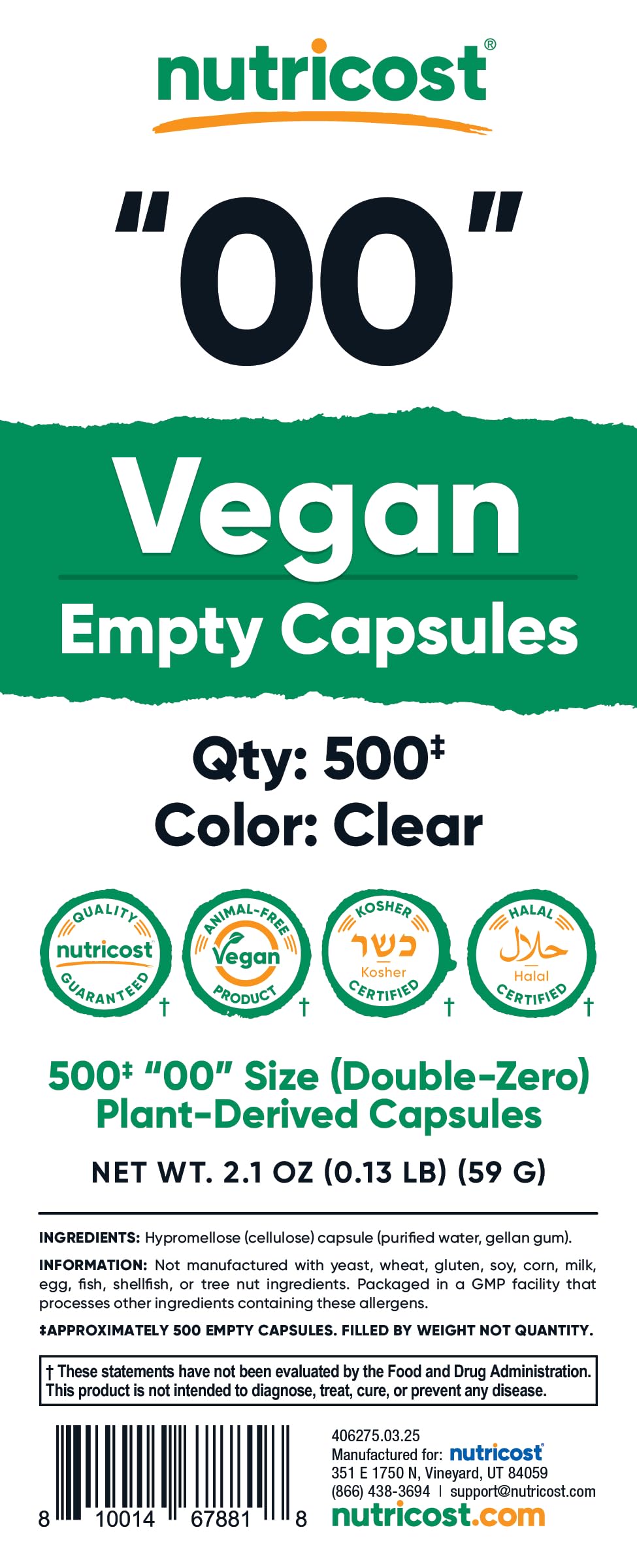 Nutricost Empty Capsules Size 00 Vegan - 500 Clear Empty Plant-Based Capsules - Kosher Certified, Halal Certified, Non-GMO, Soy Free, Gluten Free, Vegetarian Nutricost uk supplements
