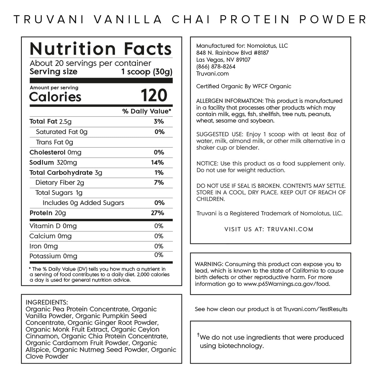 Truvani Organic Vegan Protein Powder Vanilla Chai - 20g of Plant Based Protein, Organic Truvani uk supplements