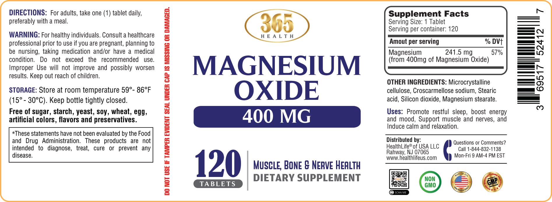Magnesium 400mg [High Potency] Supplement – Magnesium Oxide for Immune Support, Muscle Recovery, Leg Cramps and Relaxation 120 Tablets-USA Made HEALTH LFE uk supplements