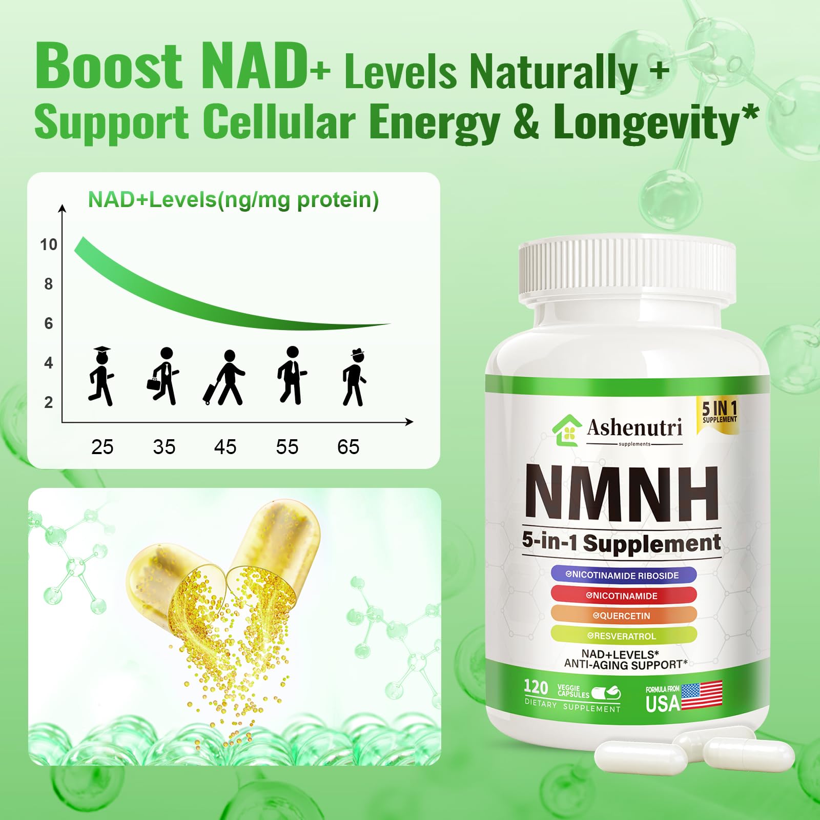 NMNH (Dihydronicotinamide Mononucleotide), NMN Alternative Supplement w/Niacinamide (Vitamin B3), Quercetin, Trans-Resveratrol, Support NAD+, Skin Cell Health*, Anti-Aging & Energy, 120 Caps Ashenutri uk supplements