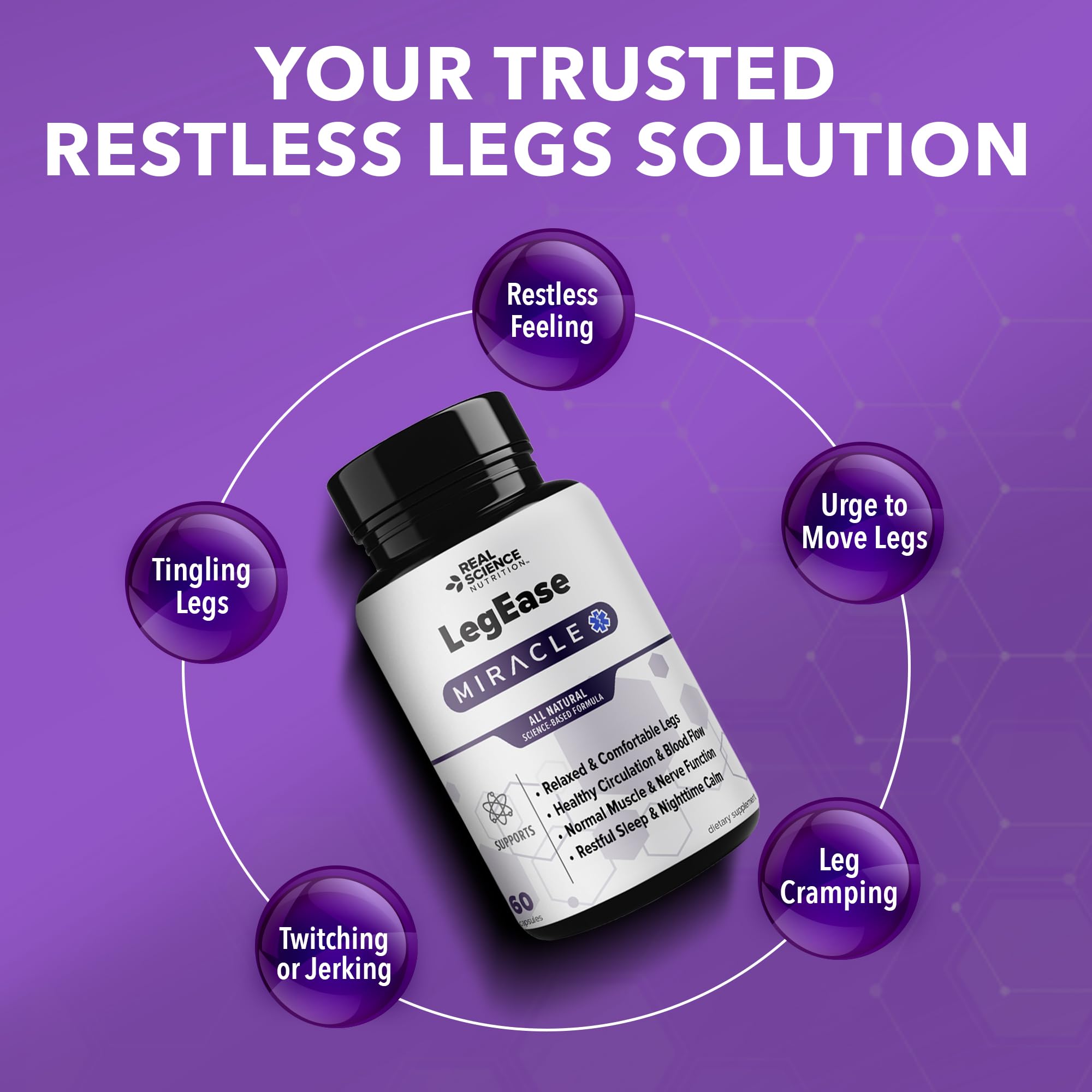 Real Science LegEase Miracle – All Natural Restless Legs Syndrome Relief & Leg Cramp Supplement with Vitamins C, D, K, B6, B12 + Nitric Oxide Support – Sleep & Circulation Aid – Made in USA, 60 Caps Real Science Nutrition uk supplements