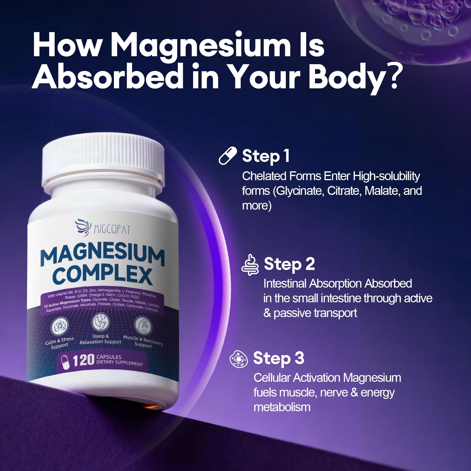 Migcopat Magnesium Complex w/Magnesium Glycinate, Malate, Citrate | 24-in-1 Magnesium Supplement w/Ashwagandha, L-Theanine & NAD+ | Supports Calm, Energy, Muscle & Sleep | Non-GMO, 120 Vegan Caps Migcopat uk supplements